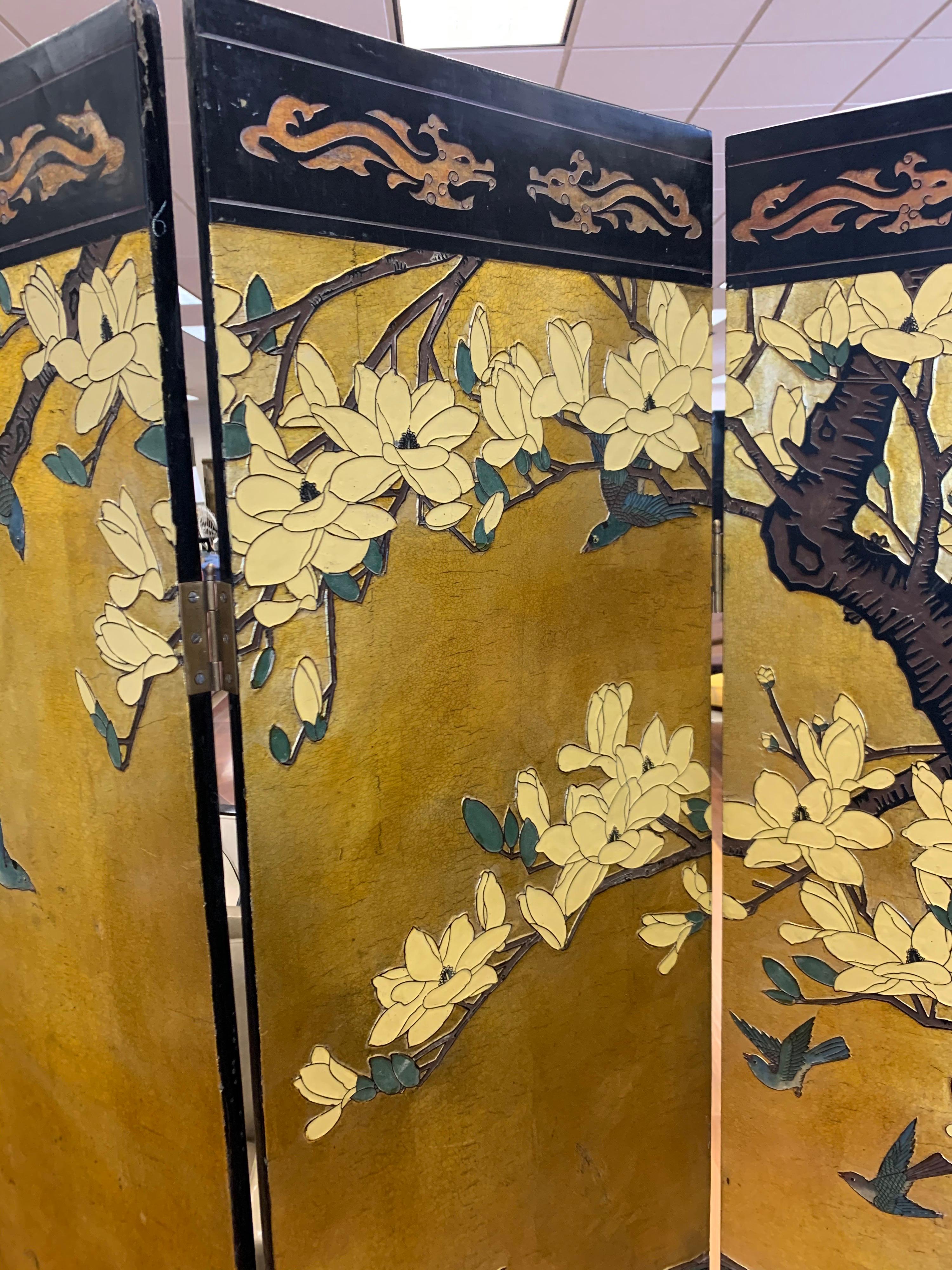 Mid-20th Century Asian Chinoiserie Four Panel Gold Leaf and Black Laquer Screen Room Divider