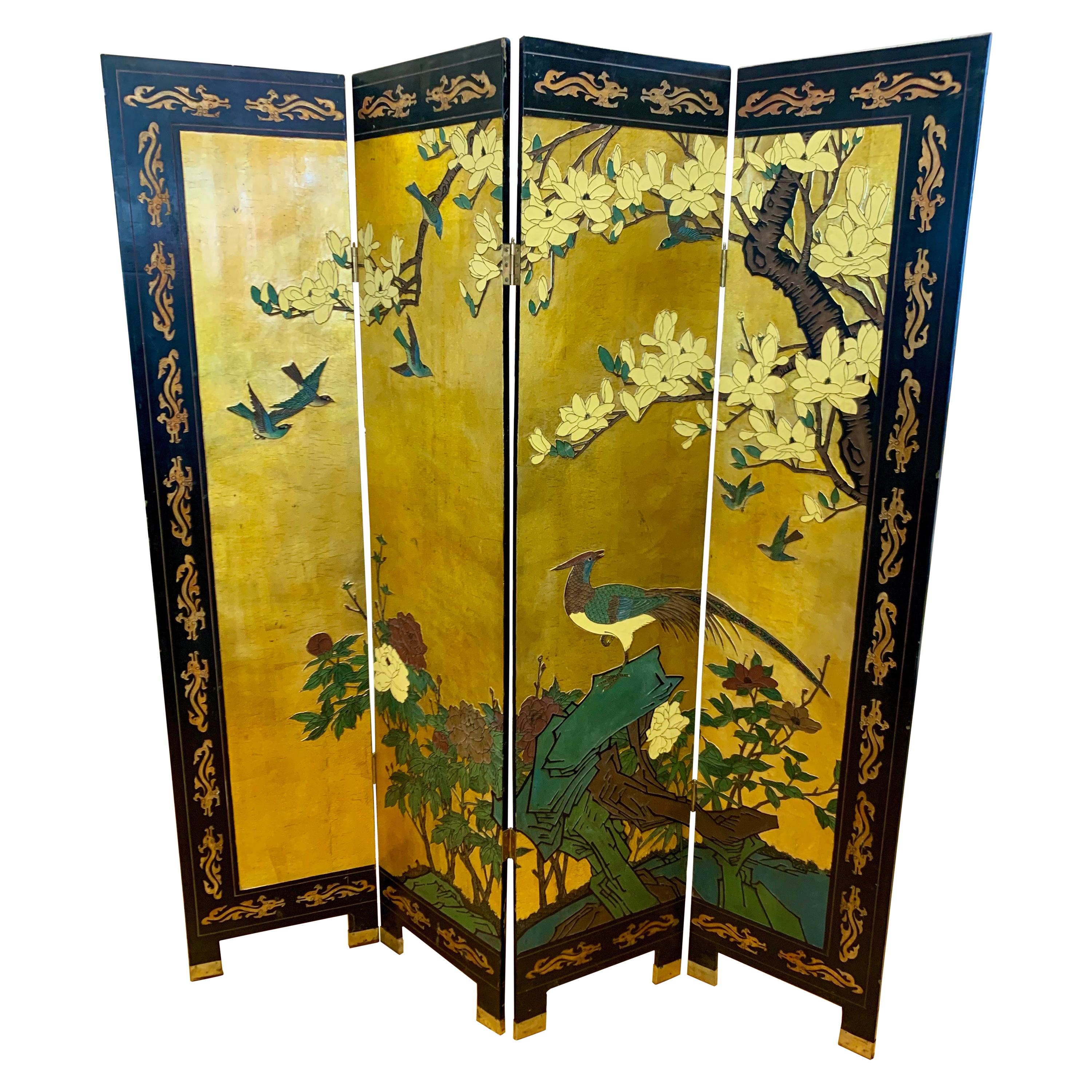Asian Chinoiserie Four Panel Gold Leaf and Black Laquer Screen Room Divider
