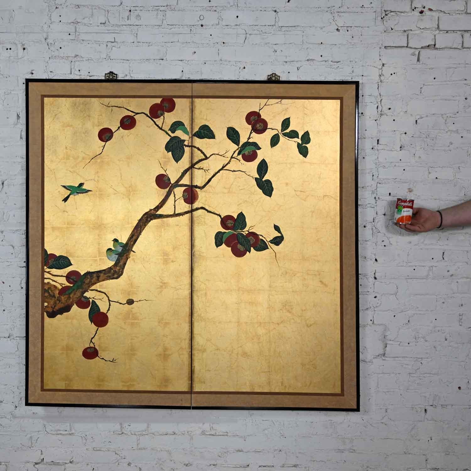 Asian Chinoiserie Framed Gold Leafed Paper Two Panel Screen or Wall Hanging 1