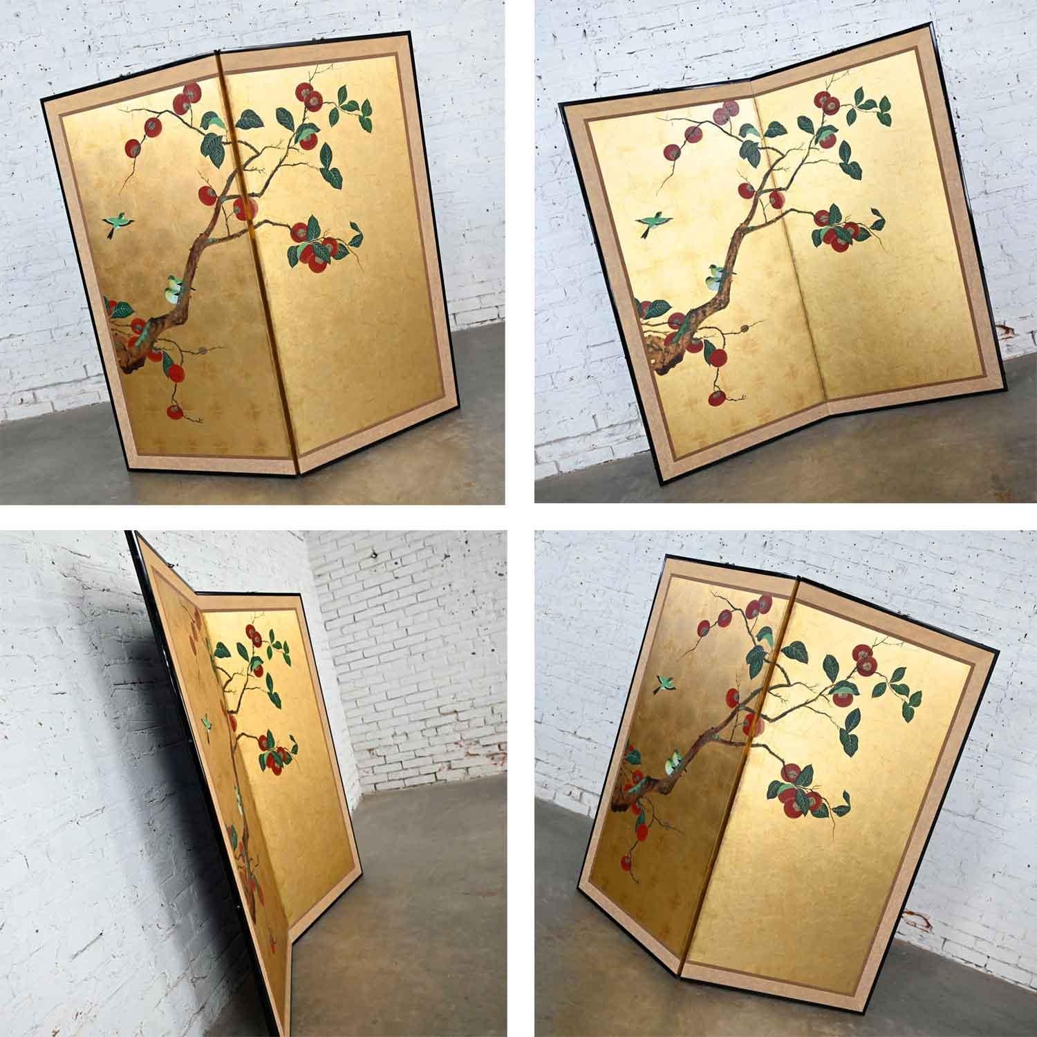 Asian Chinoiserie Framed Gold Leafed Paper Two Panel Screen or Wall Hanging 4