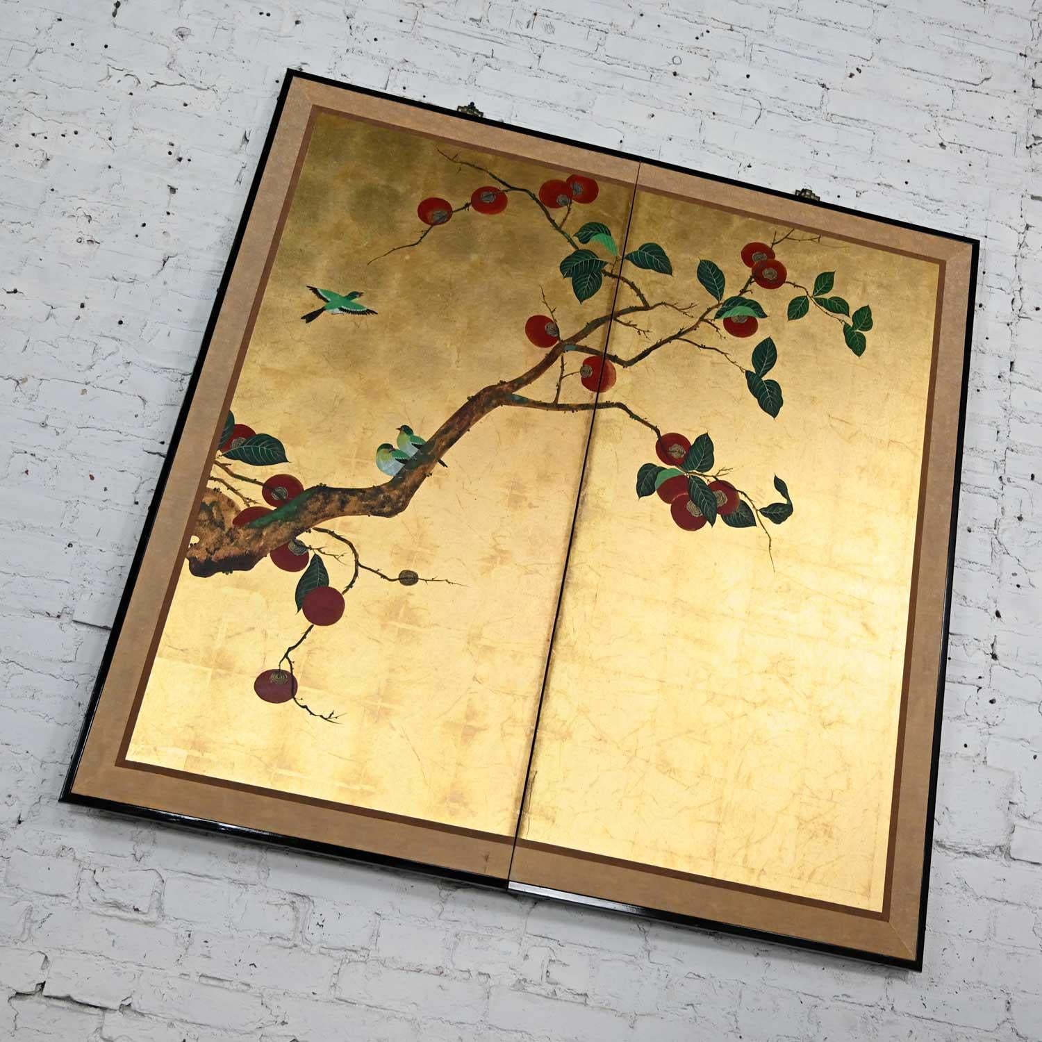 Japonisme Asian Chinoiserie Framed Gold Leafed Paper Two Panel Screen or Wall Hanging