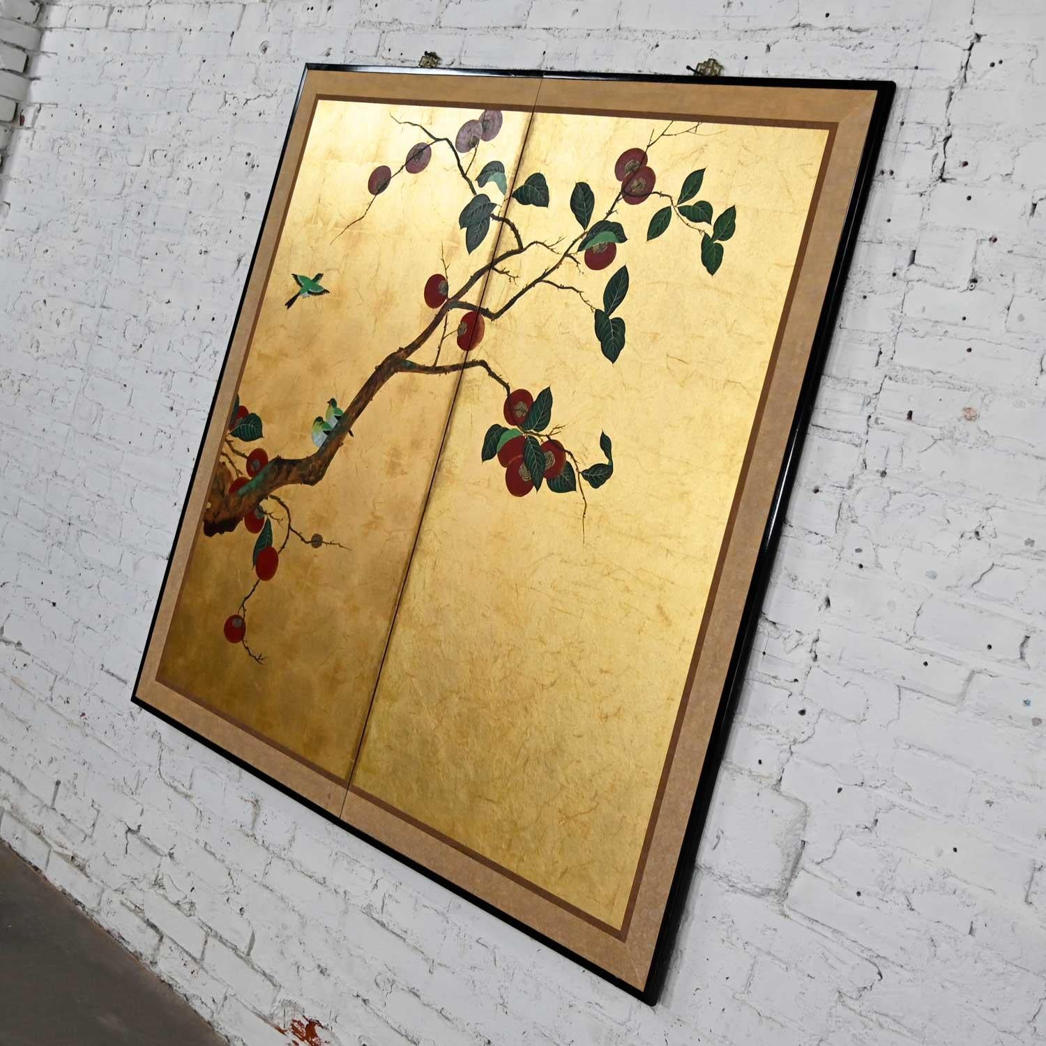 Asian Chinoiserie Framed Gold Leafed Paper Two Panel Screen or Wall Hanging In Good Condition In Topeka, KS
