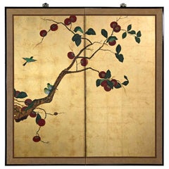 Vintage Asian Chinoiserie Framed Gold Leafed Paper Two Panel Screen or Wall Hanging