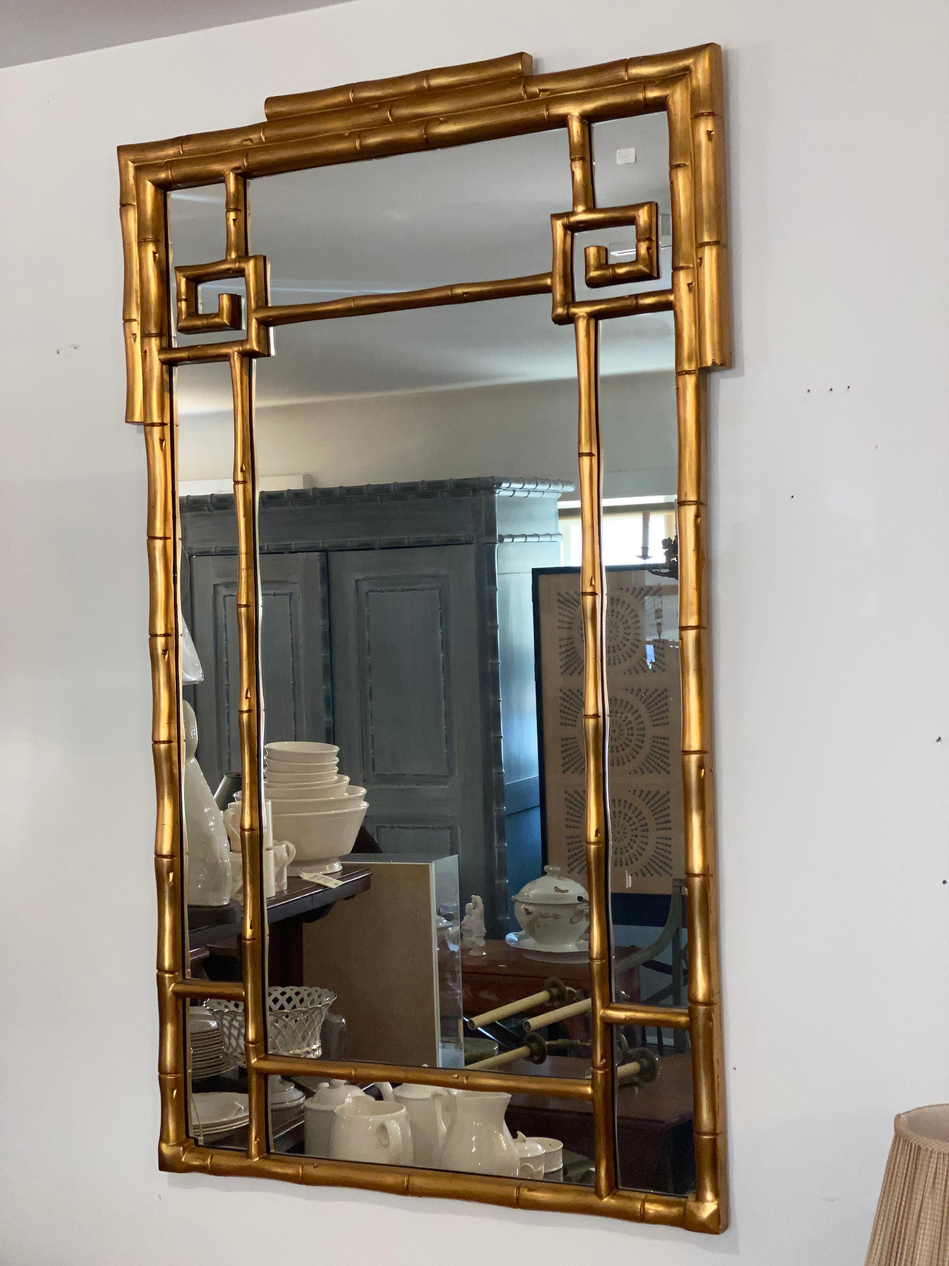 Asian Chinoiserie Gold Gilt Faux Bamboo Wall Mirror by La Barge. For Sale 6