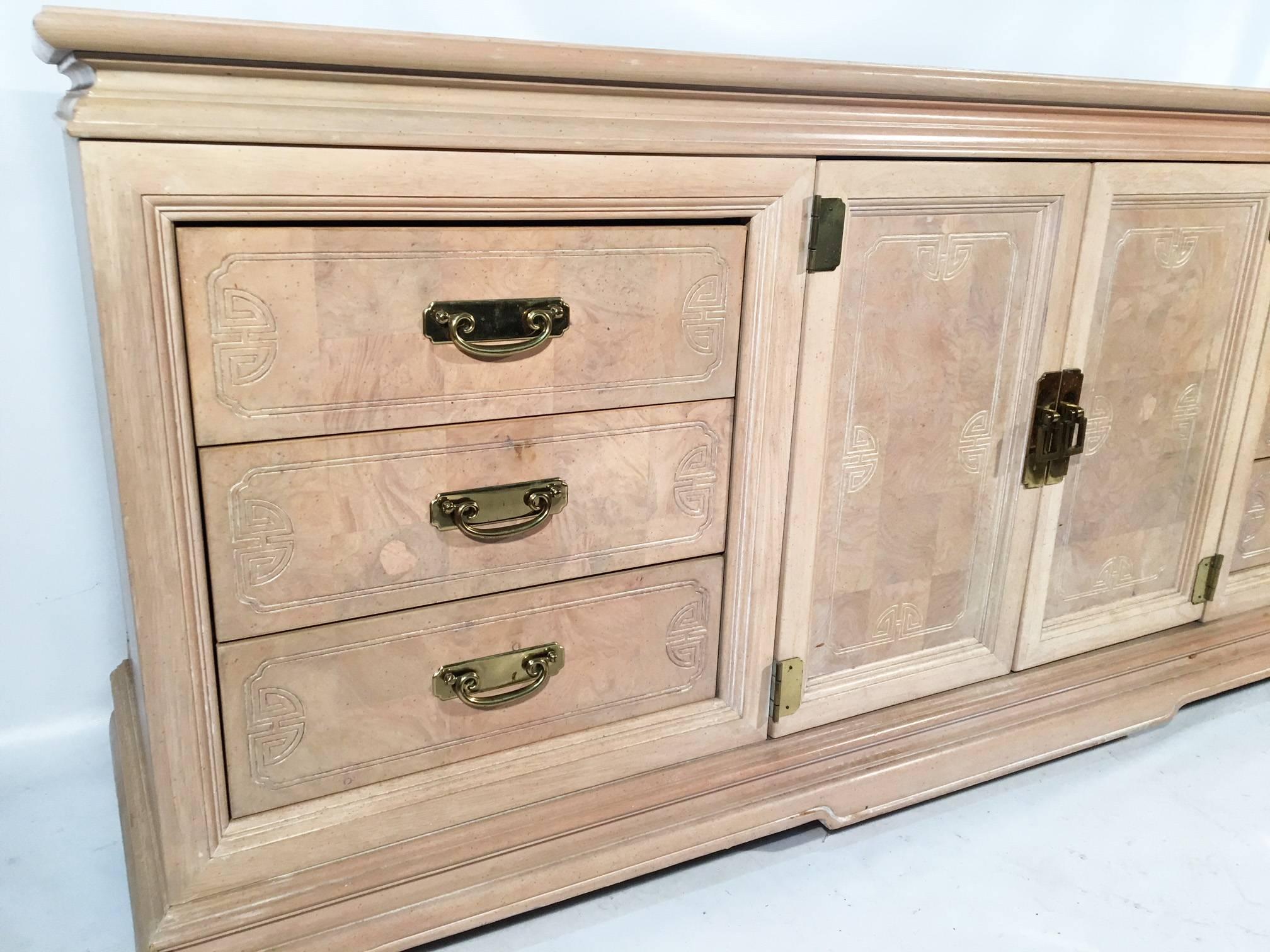 Hollywood Regency Asian Chinoiserie Light Burl Wood Nine-Drawer Dresser For Sale