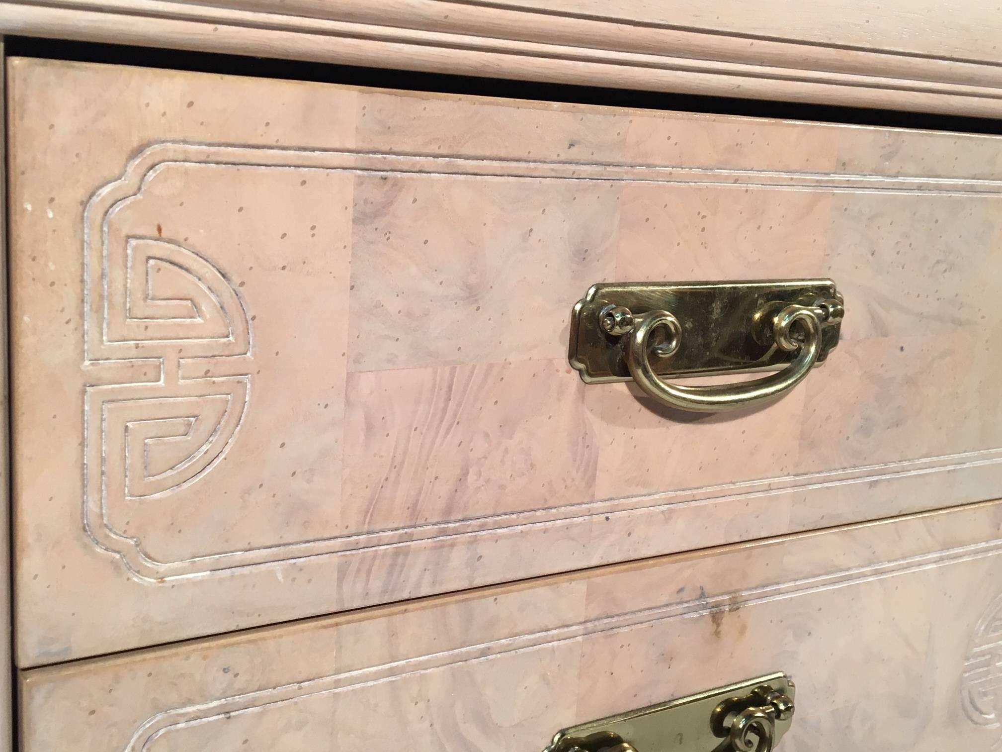 Asian Chinoiserie Light Burl Wood Nine-Drawer Dresser For Sale 1