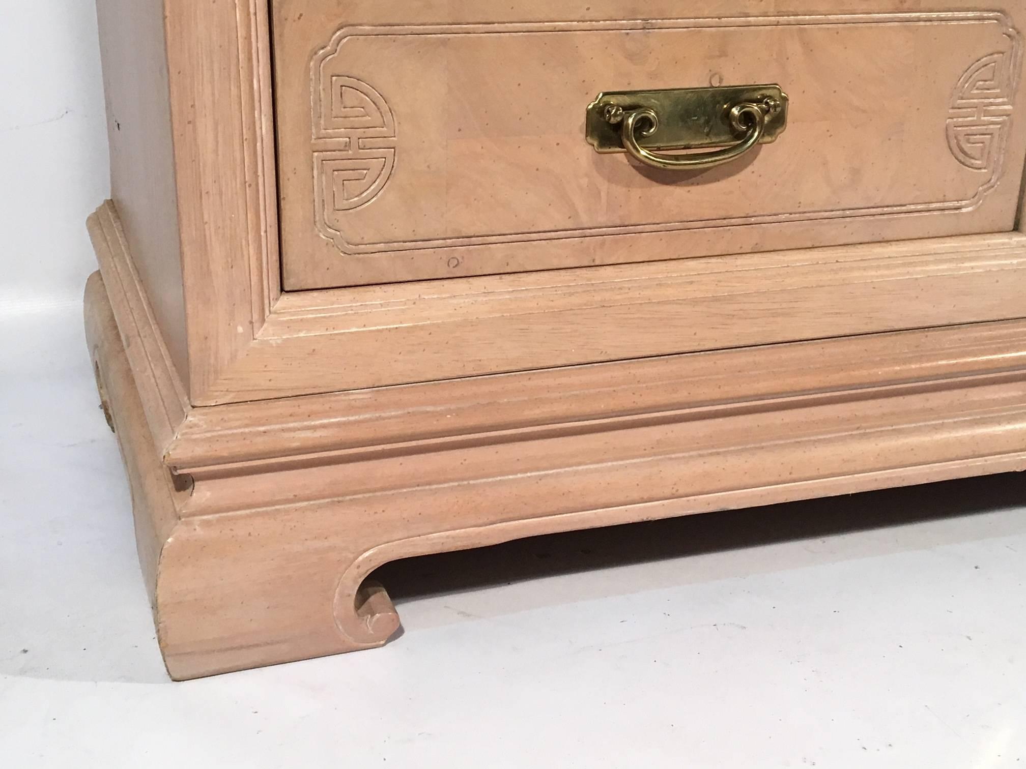 Asian Chinoiserie Light Burl Wood Nine-Drawer Dresser For Sale 2