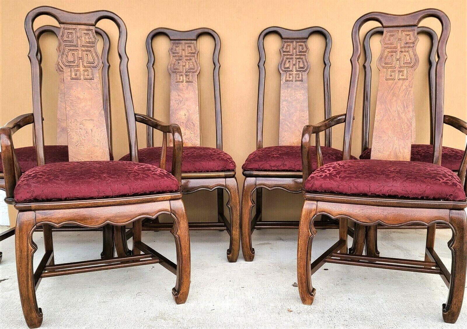 Set of (6) Asian Chinoiserie Ming Solid mahogany dining chairs by Universal Furniture
Set includes 2 arm and 4 side chairs

Approximate Measurements in Inches
Armchairs:
41