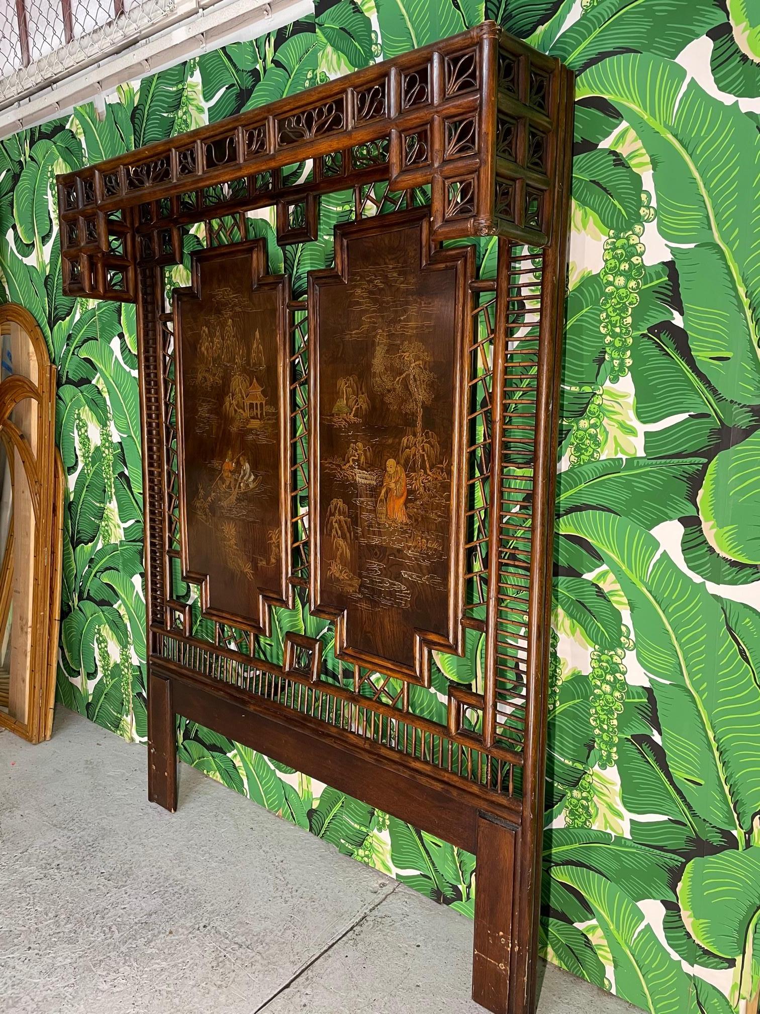 Large canopy headboard by Henredon features rattan construction and Chinese artwork. Queen size. Very good condition with only very minor imperfections consistent with age.