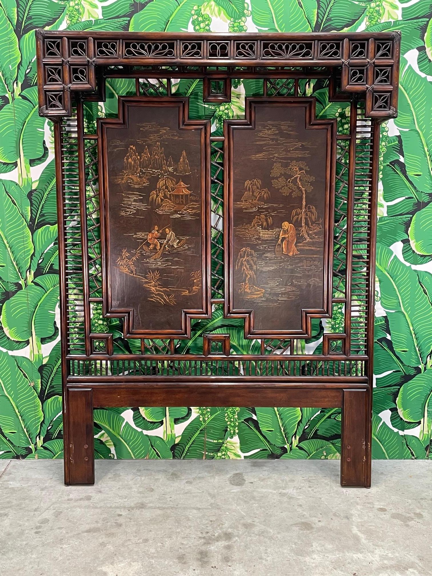 Large canopy headboard by Henredon features rattan construction and Chinese artwork. Queen size. Good condition with minor imperfections consistent with age, see photos for condition details.
For a shipping quote to your exact zip code, please