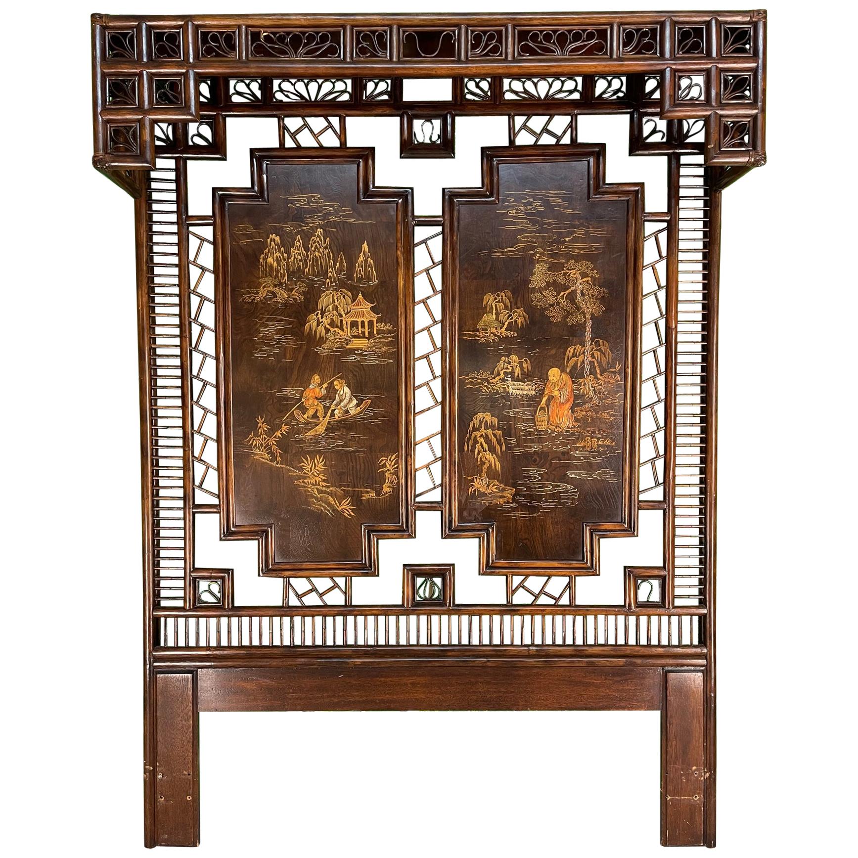 Asian Chinoiserie Rattan Canopy Queen Size Headboard by Henredon