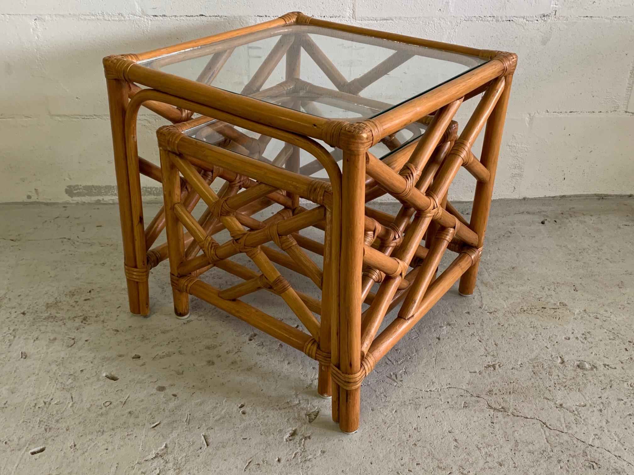 Bohemian Asian Chinoiserie Rattan Nesting Tables For Sale
