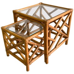 Retro Asian Chinoiserie Rattan Nesting Tables