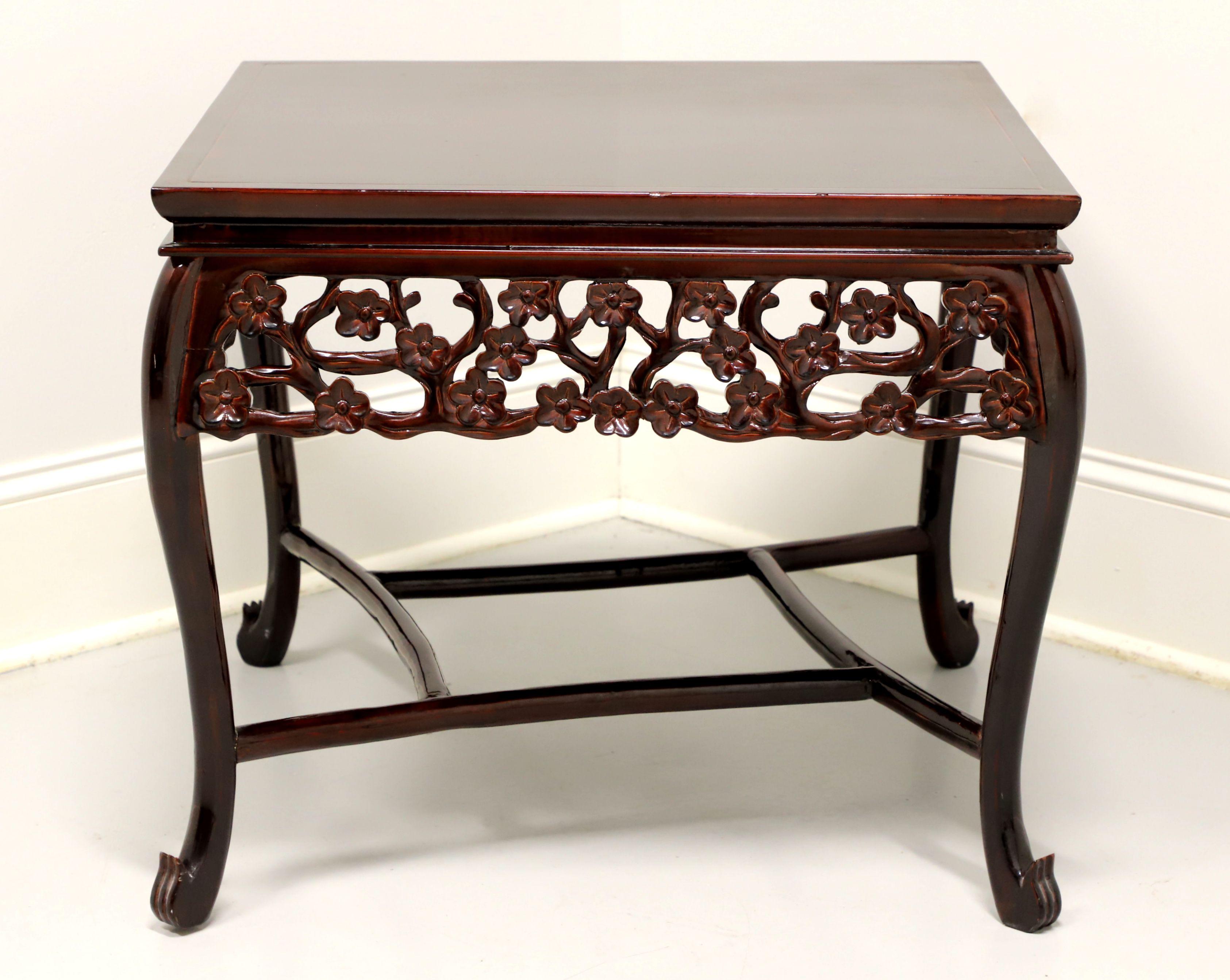 20th Century Asian Chinoiserie Rosewood Foliate Carved Square Accent Table For Sale