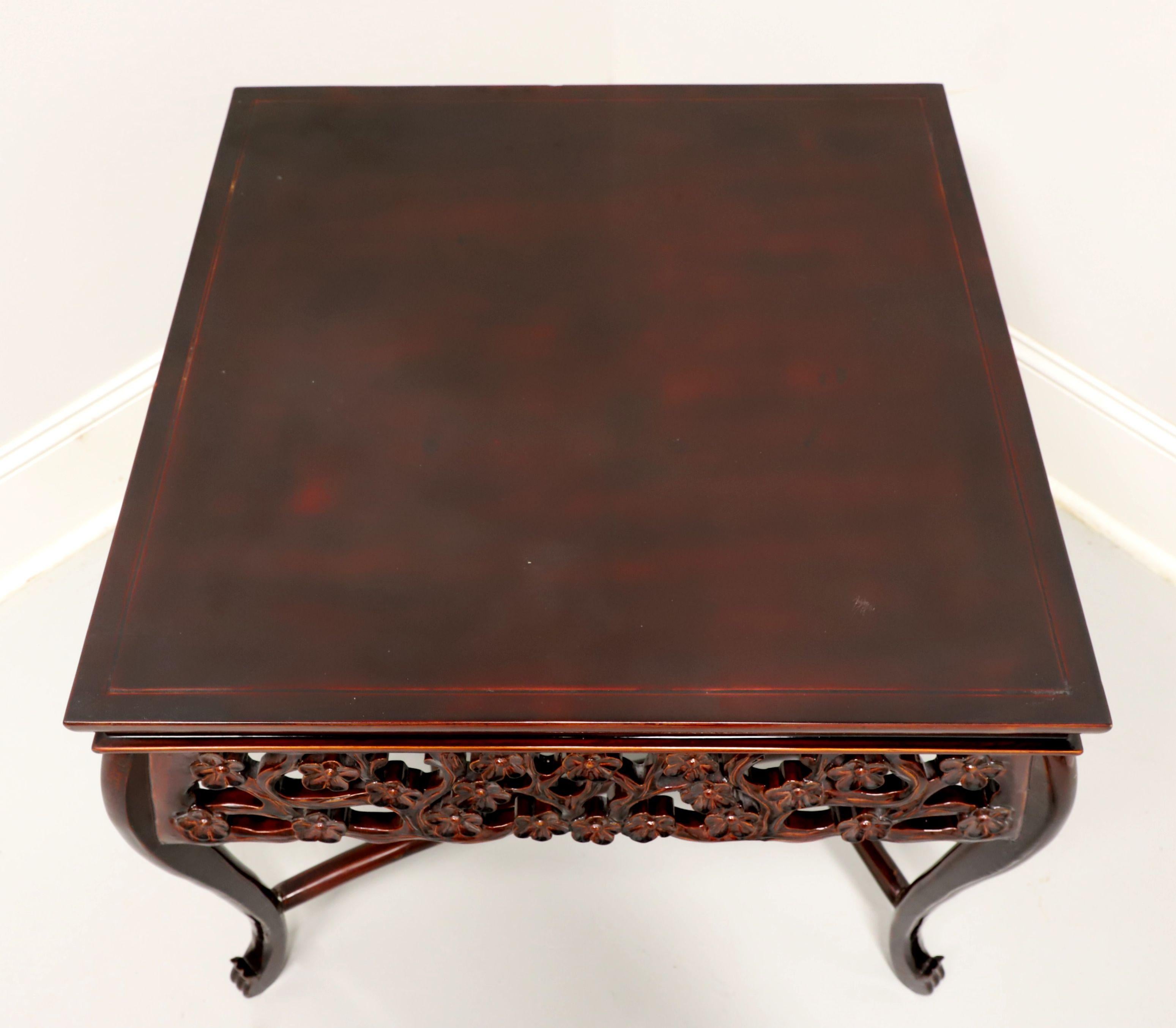 Asian Chinoiserie Rosewood Foliate Carved Square Accent Table For Sale 1