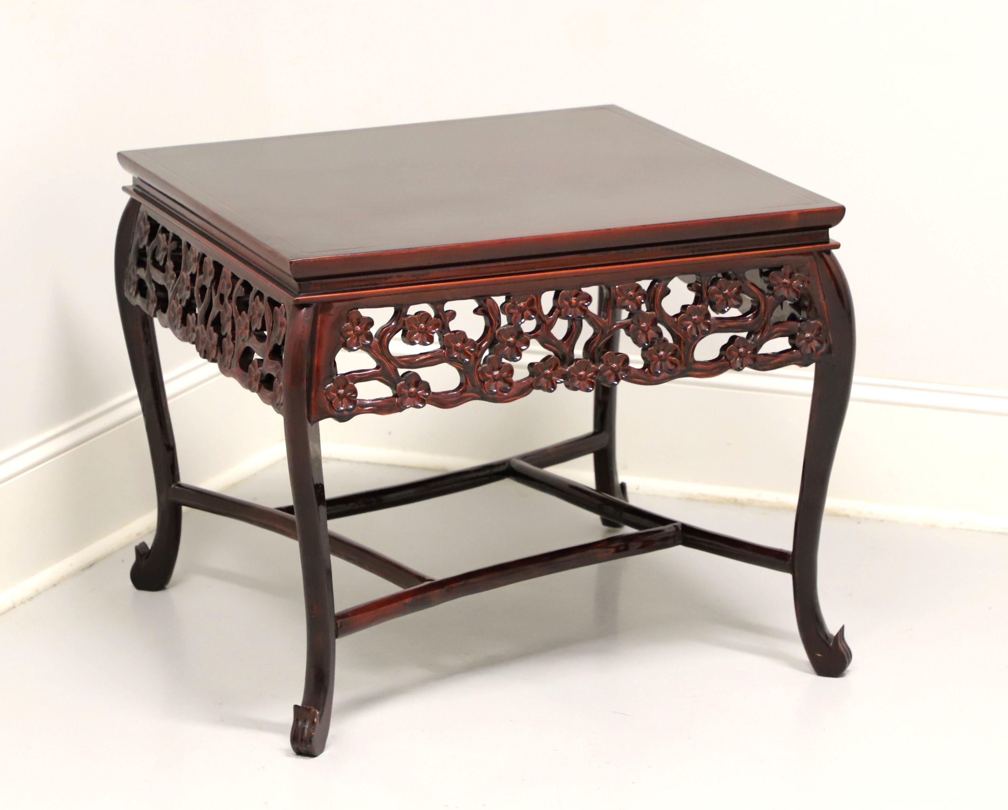 Asian Chinoiserie Rosewood Foliate Carved Square Accent Table For Sale 3