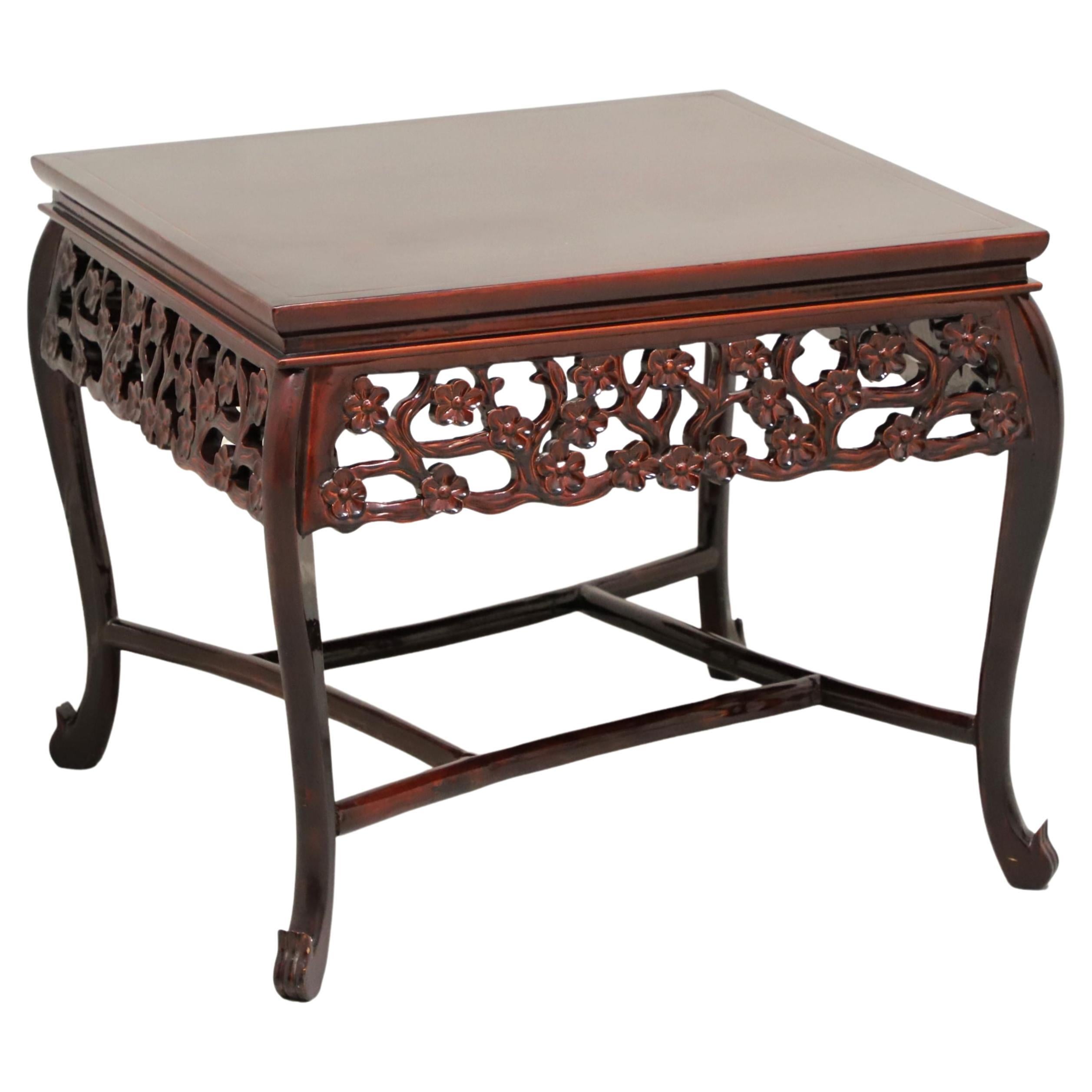 Asian Chinoiserie Rosewood Foliate Carved Square Accent Table For Sale