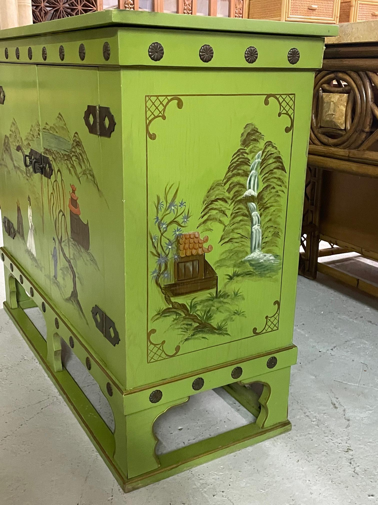 Wood Asian Chinoiserie Style Bar Cabinet For Sale