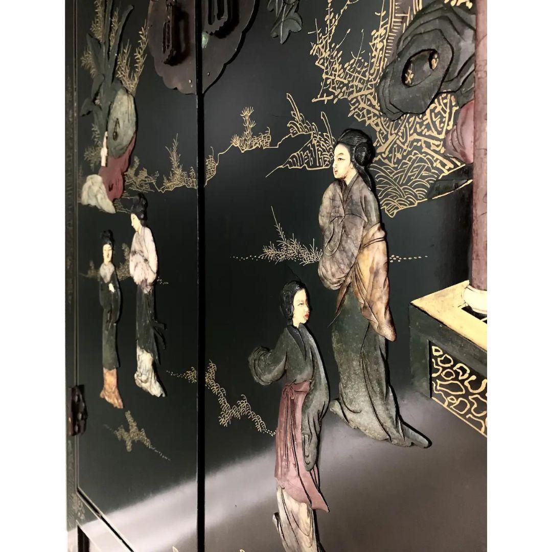 Chinese Asian Chinoiserie Style Cabinet With Semi-Precious Stone Inlay For Sale