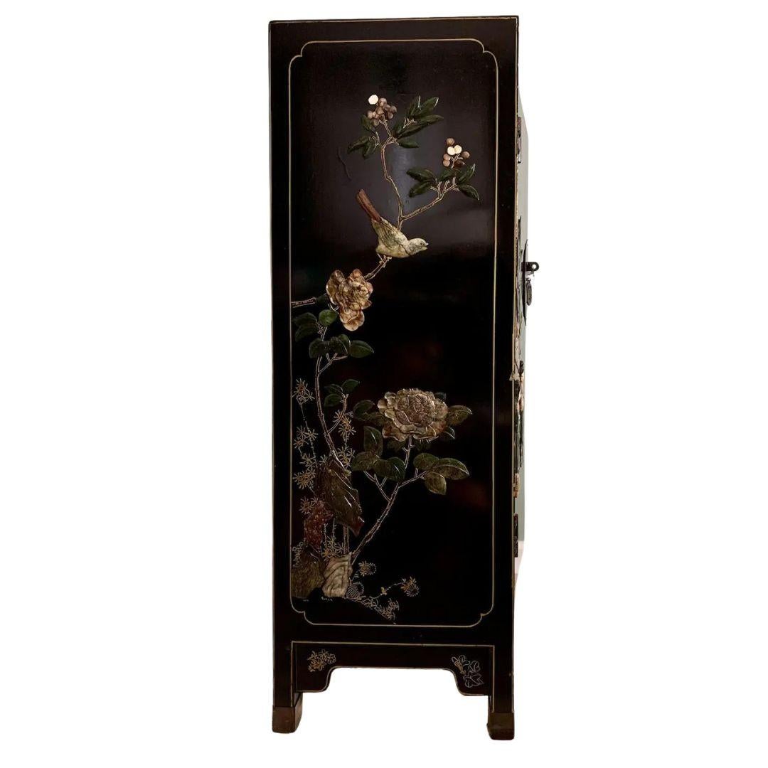Elm Asian Chinoiserie Style Cabinet With Semi-Precious Stone Inlay For Sale