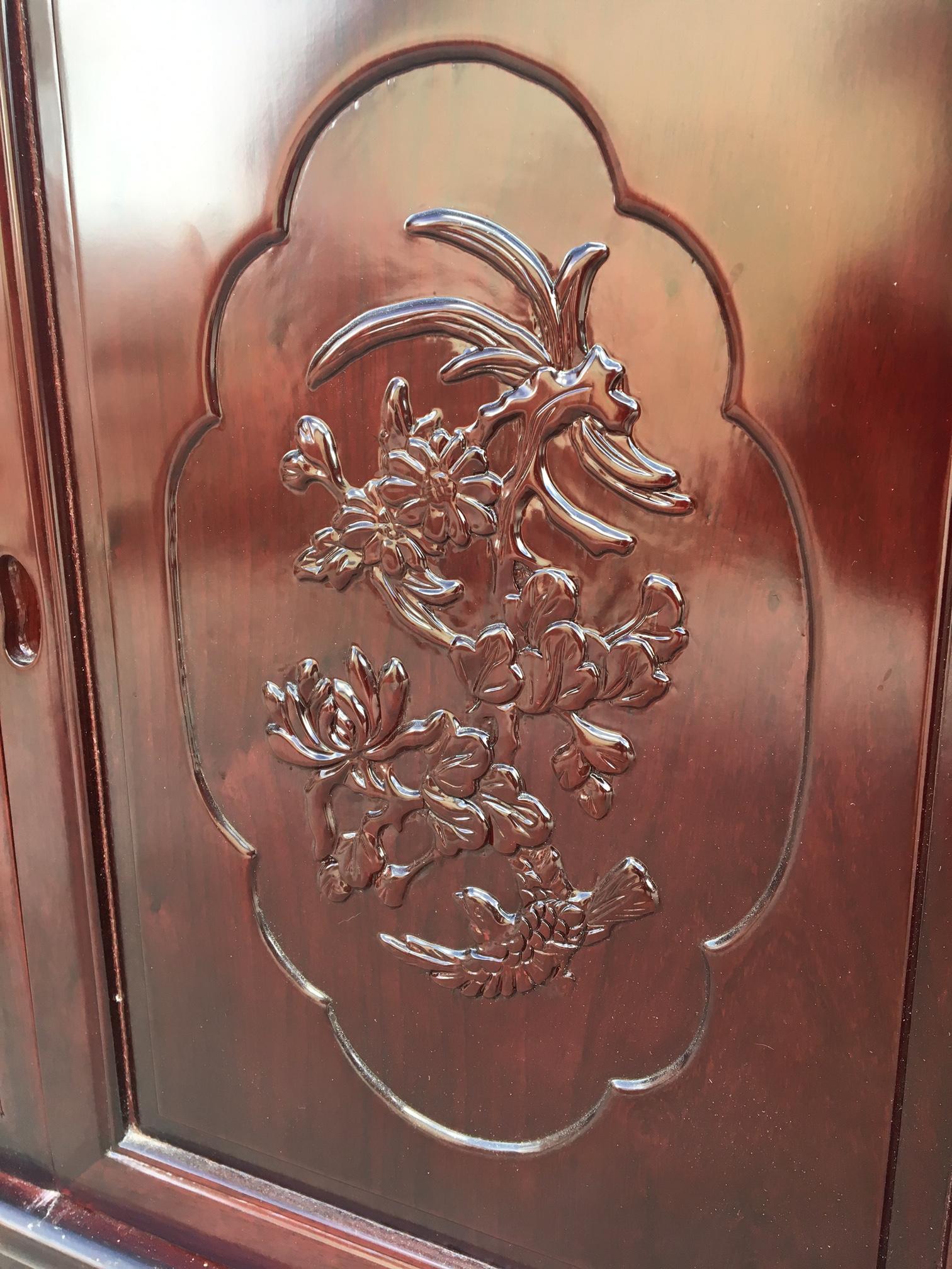 Late 20th Century Asian Chinoiserie Two-Sided Redwood China Cabinet