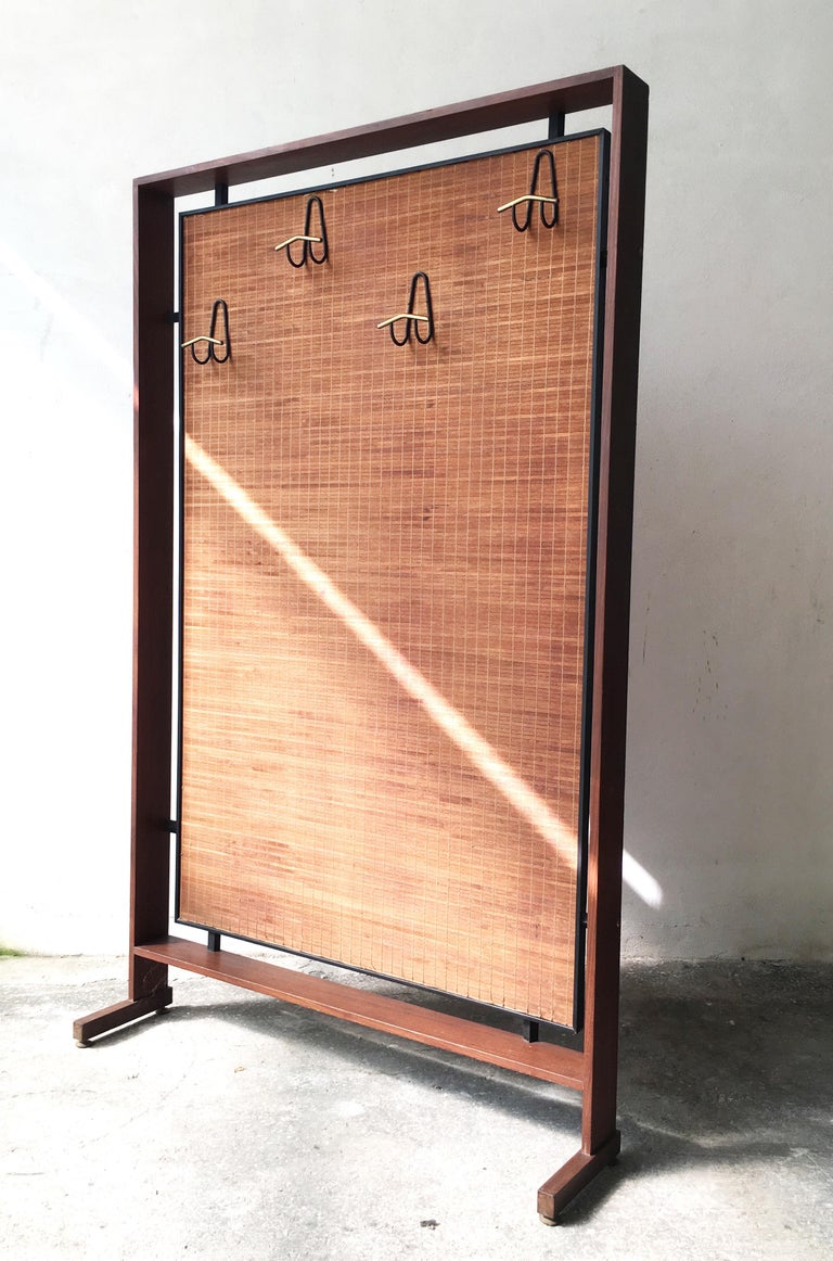 Asian Coat Rack with Balsa Wood and Teak, Brass and Black Painted Metal ...