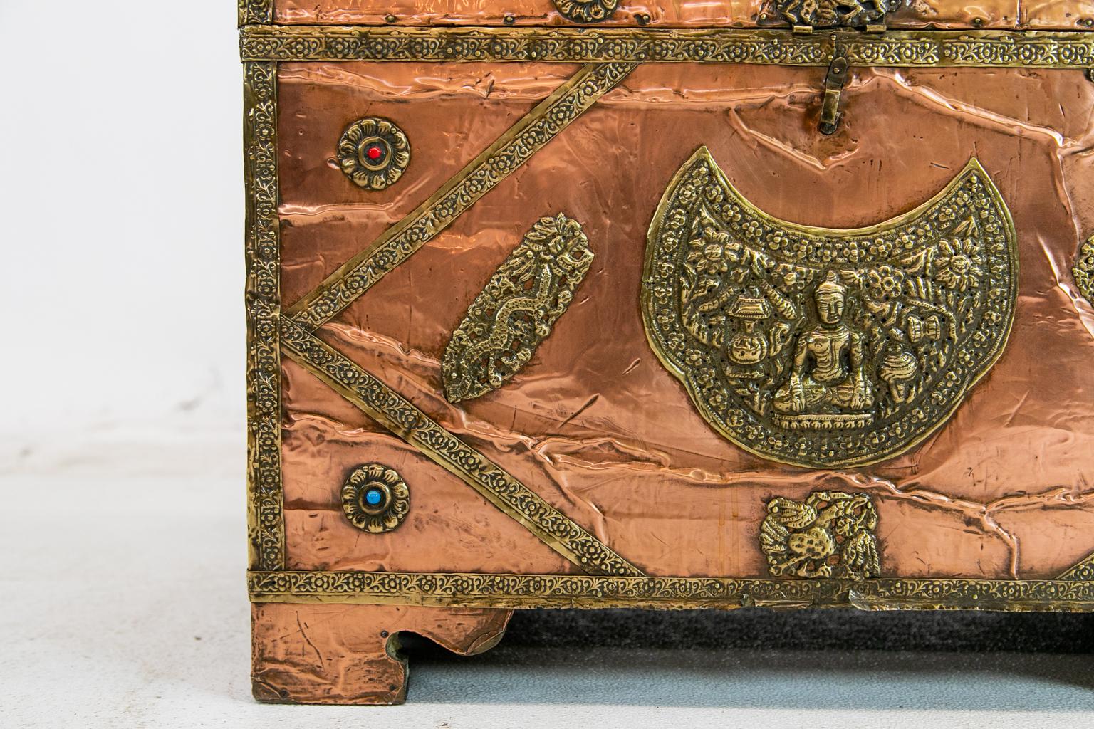 Wood Asian Copper Clad Chest For Sale