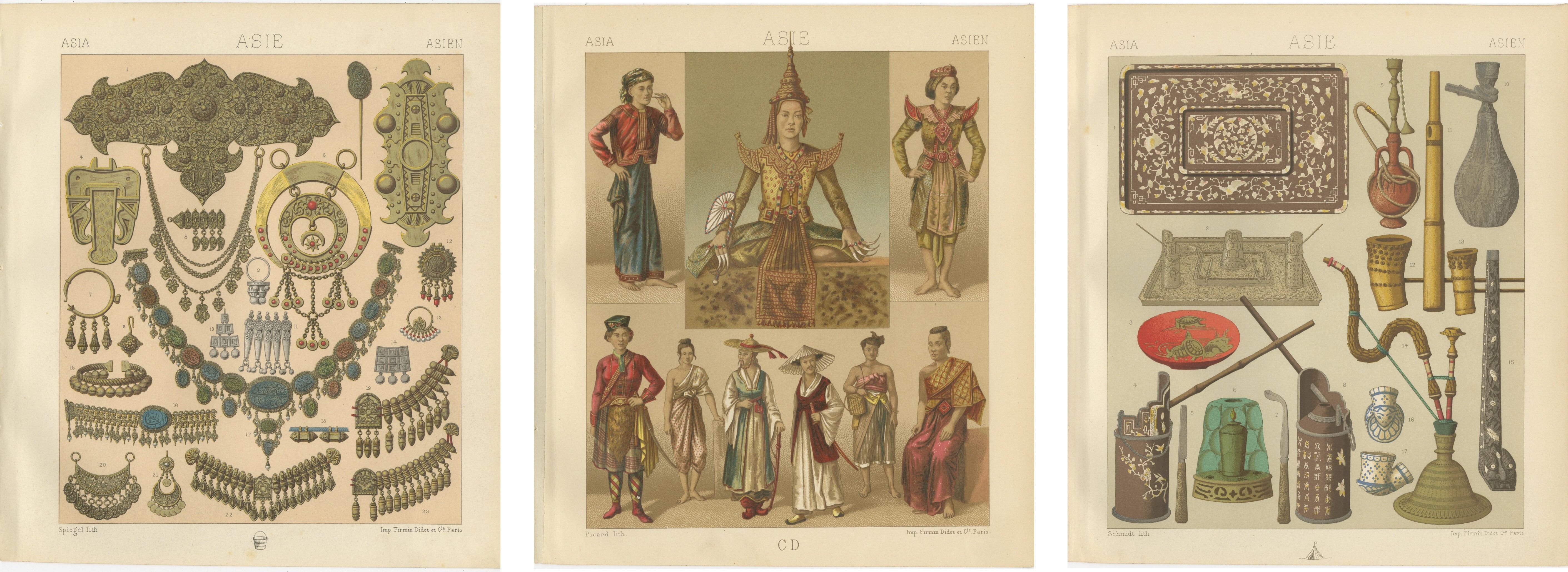 Asian Costume & Decorative Arts Lithographs, Hand Colored, Paris c.1888 Set of 3