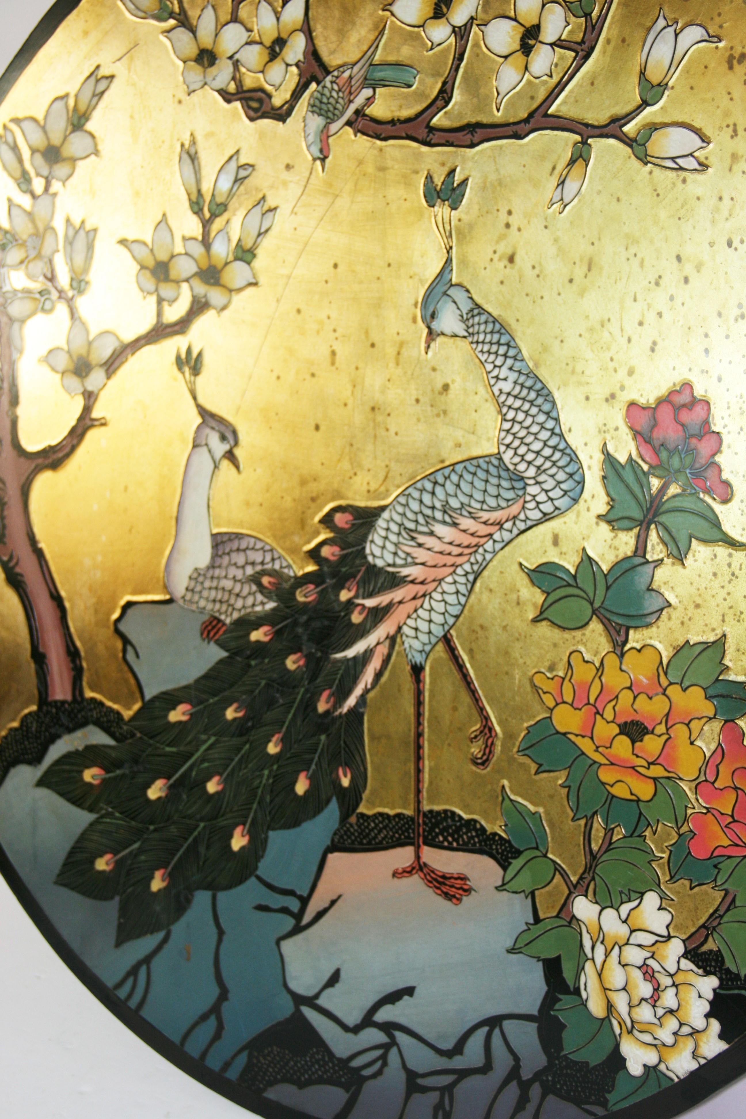 Asian Courting  Peacocks Painted Round Panel For Sale 5