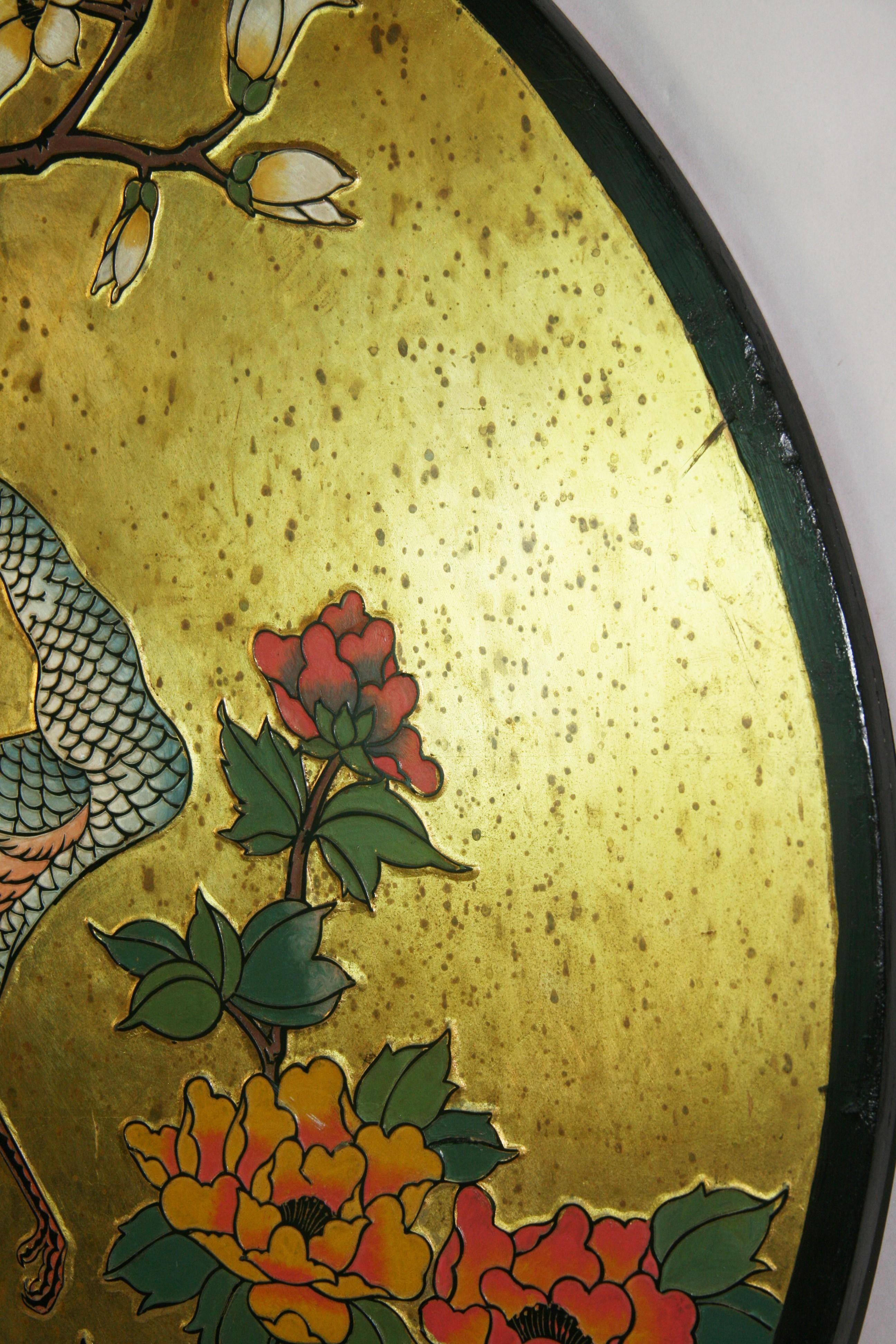 Asian Courting  Peacocks Painted Round Panel For Sale 7