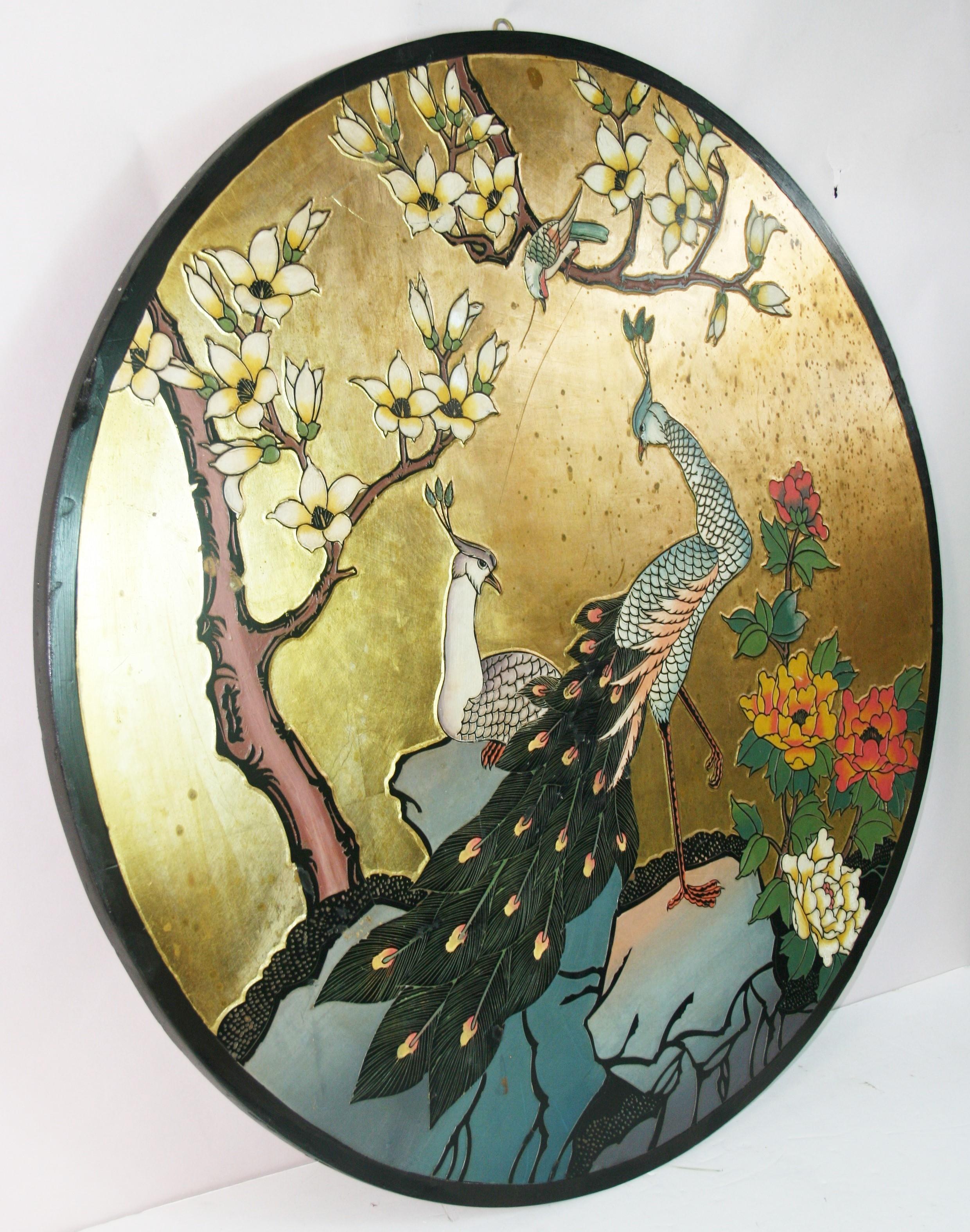 Asian Courting  Peacocks Painted Round Panel For Sale 8