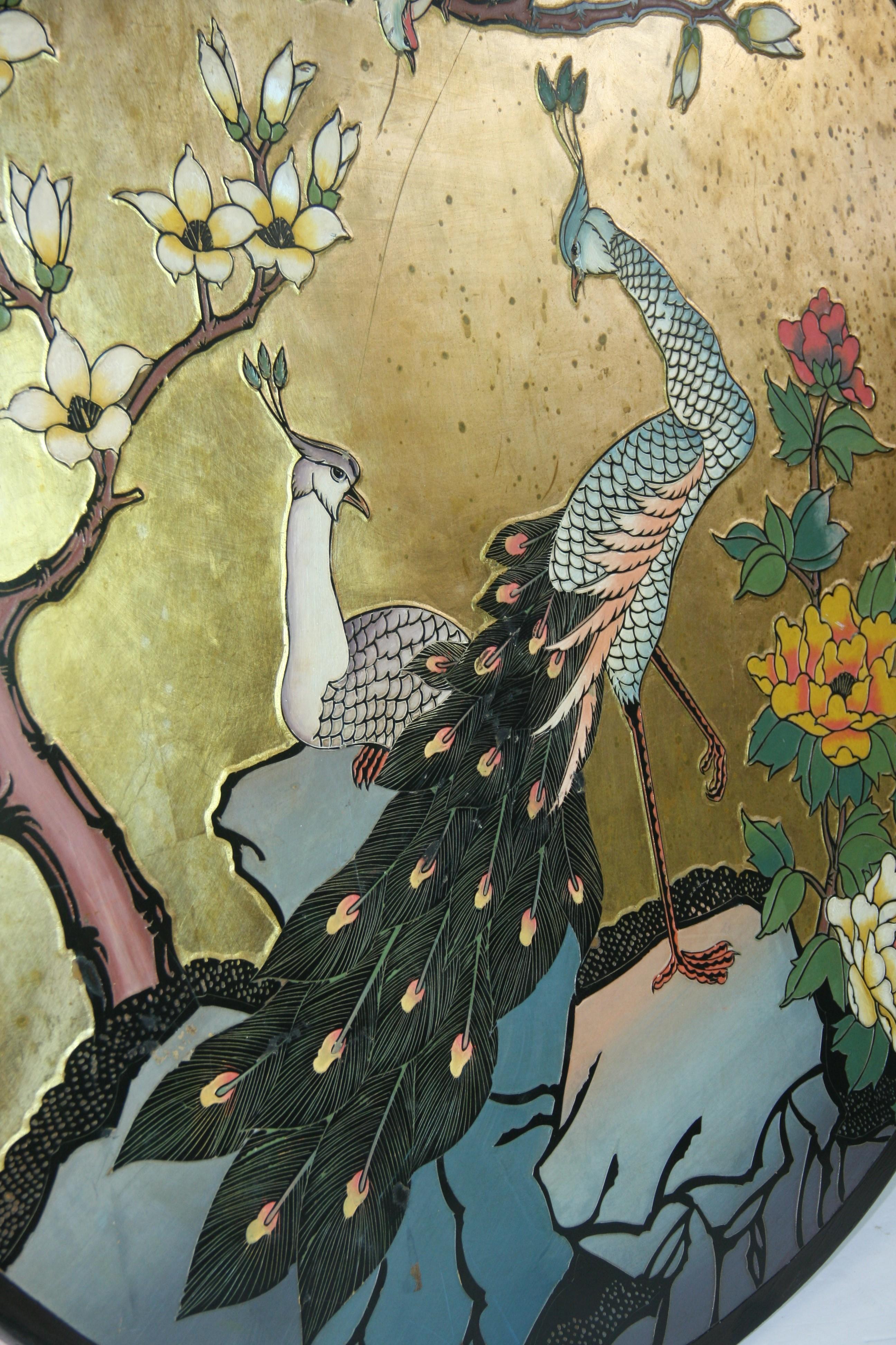 Asian Courting  Peacocks Painted Round Panel For Sale 9