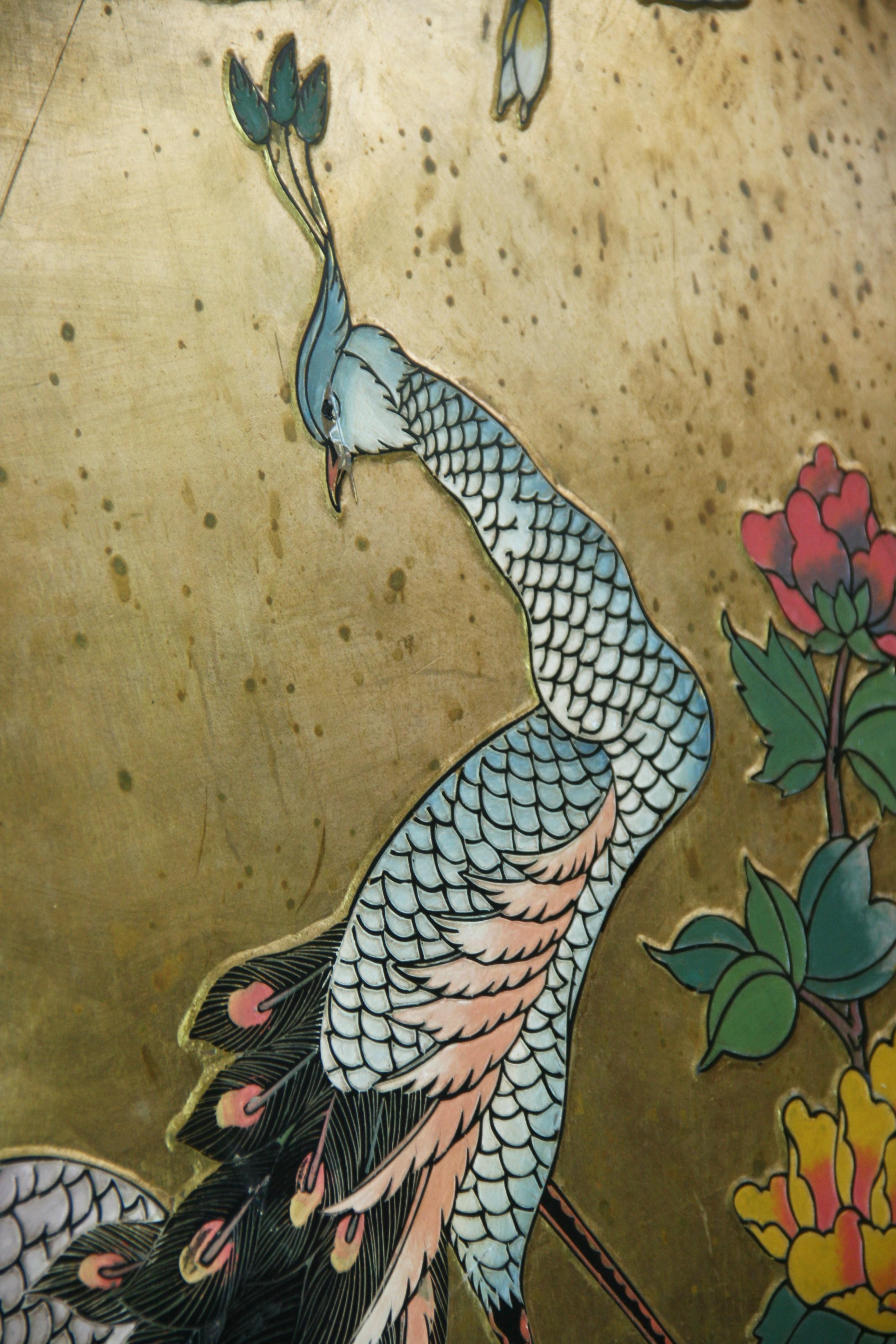 Asian Courting  Peacocks Painted Round Panel For Sale 12