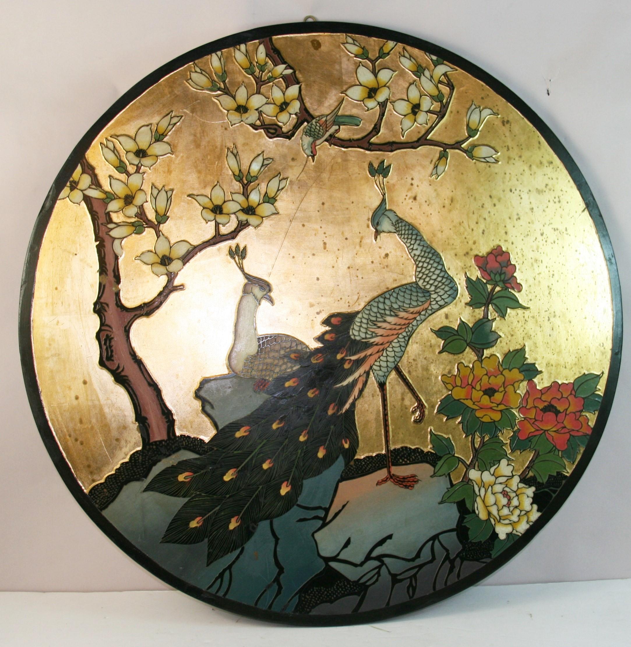 1834 Hand painted on round hardwood embossed peacocks counting on gilt backround,