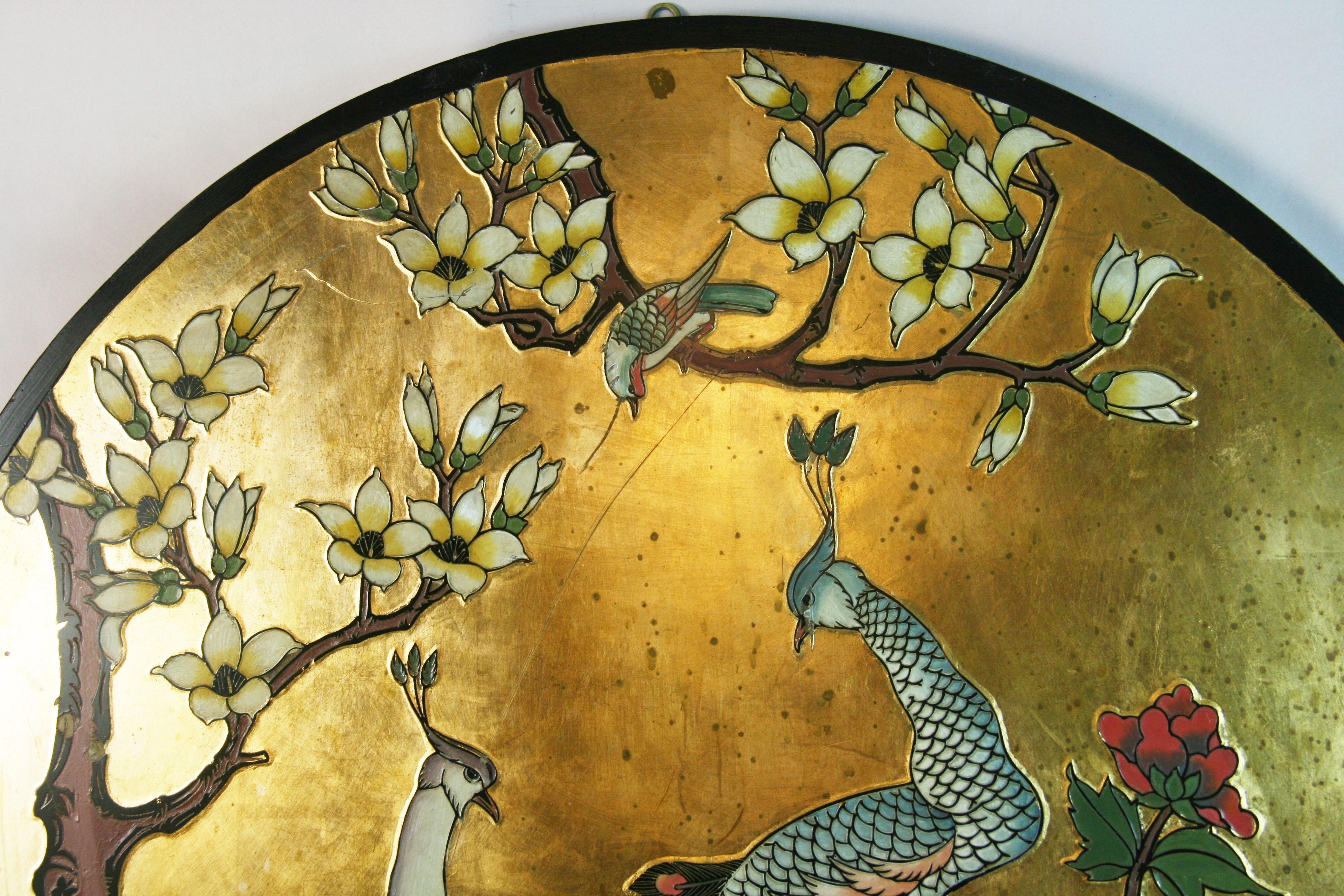 Mid-20th Century Asian Courting  Peacocks Painted Round Panel For Sale