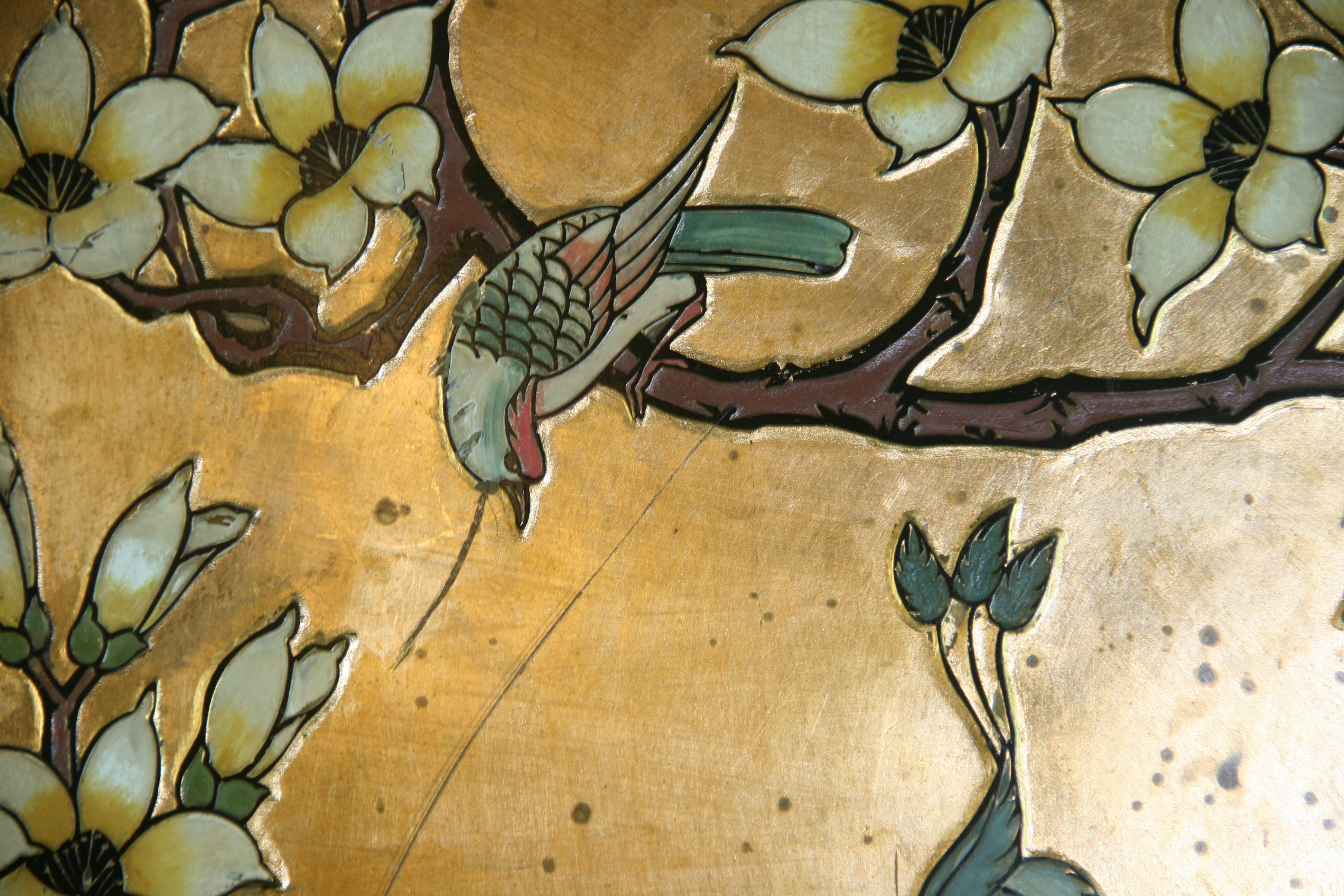 Hardwood Asian Courting  Peacocks Painted Round Panel For Sale