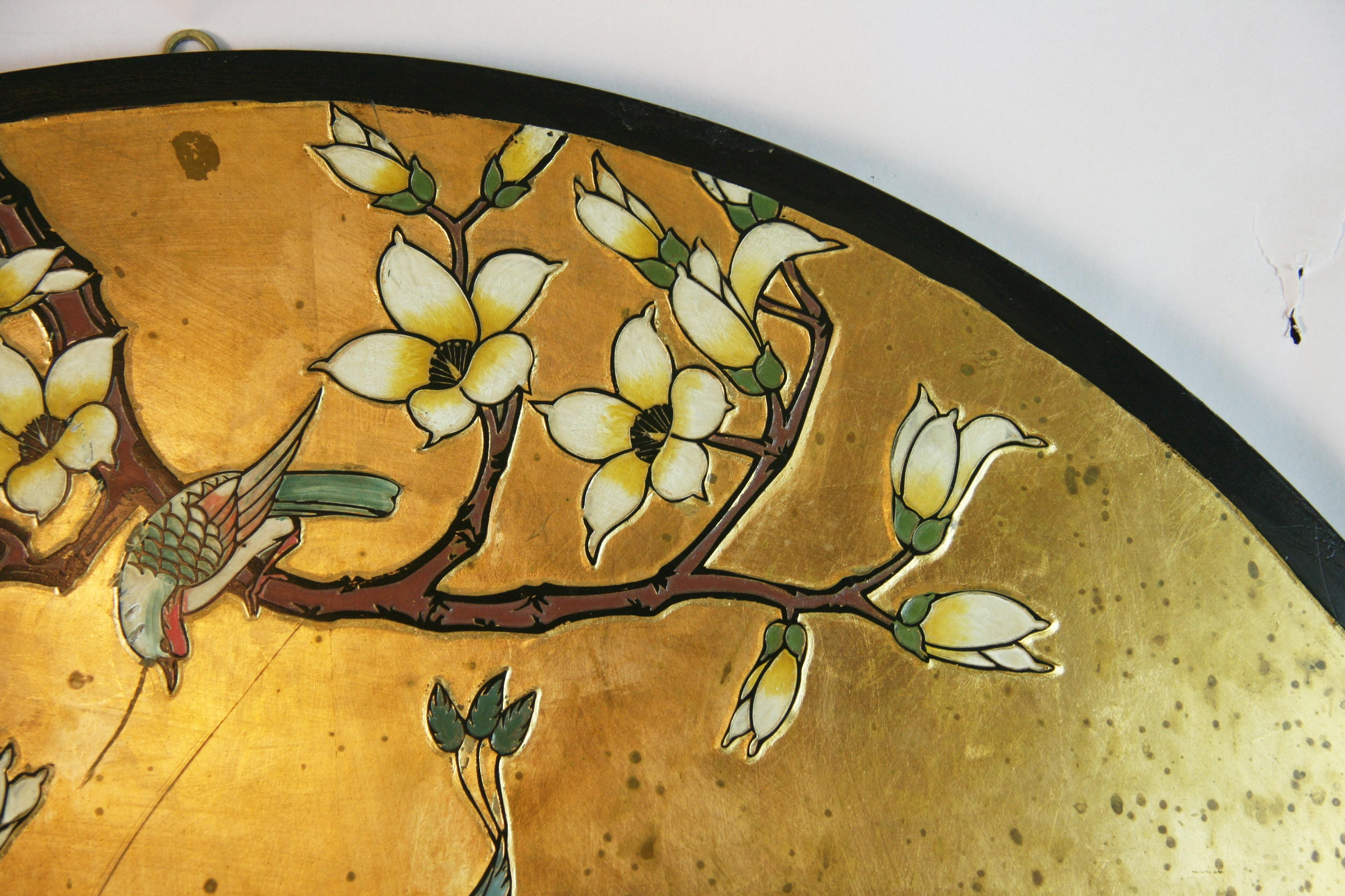 Asian Courting  Peacocks Painted Round Panel For Sale 2
