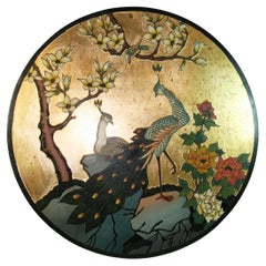 Asian Courting  Peacocks Painted Round Panel