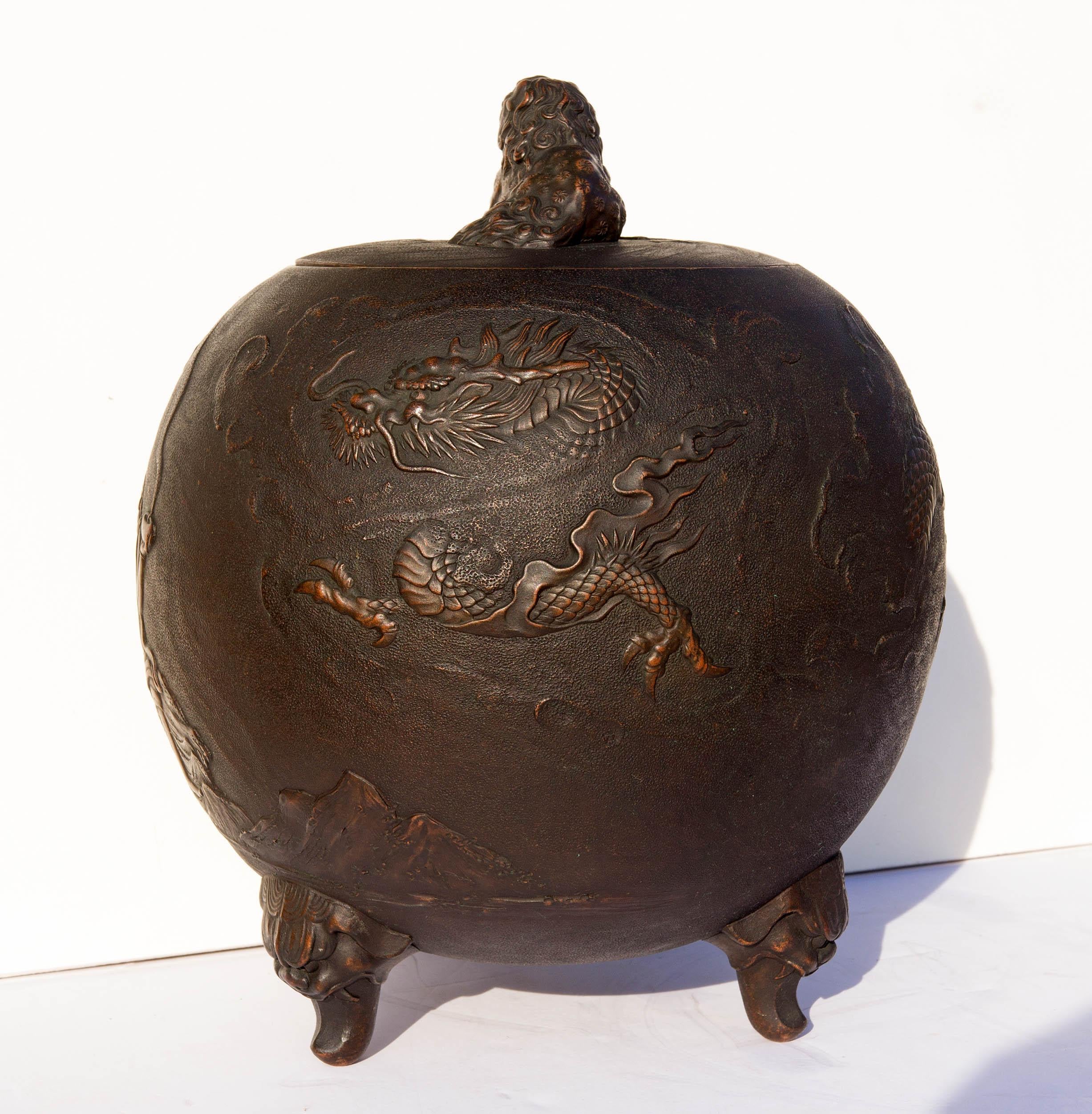 Meiji Asian Covered Jar Bronze Clad Ceramic