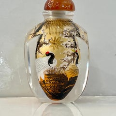 Asian Crane Birds Reverse Painted Cut Glass Decorative Bottle with Agate Stopper