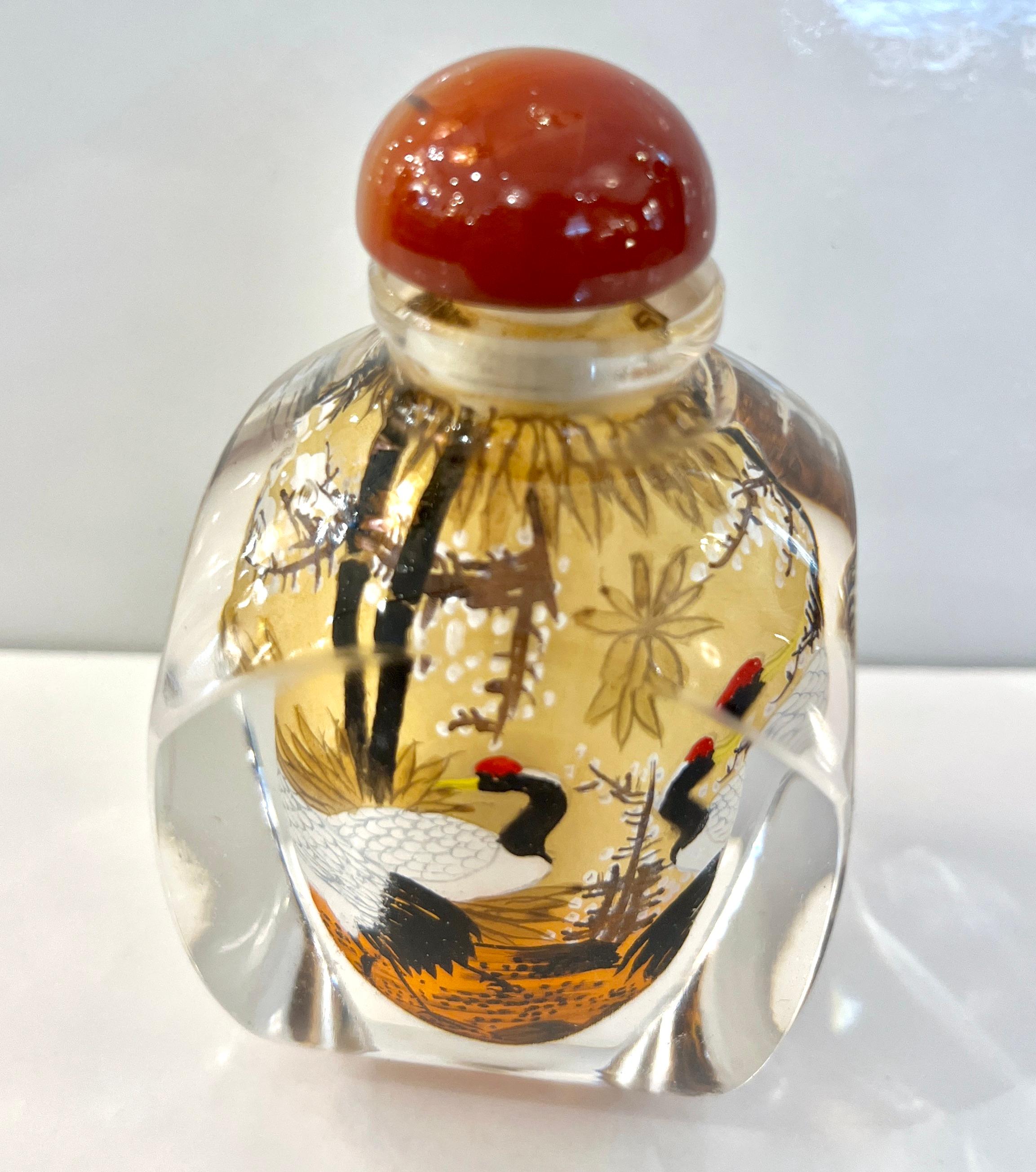 Asian Crane Birds Reverse Painted Cut Glass Decorative Bottle with Agate Stopper In Excellent Condition In New York, NY