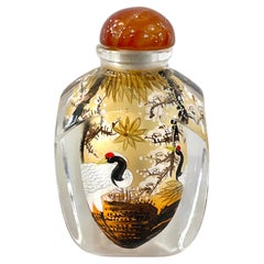 Retro Asian Crane Birds Reverse Painted Cut Glass Decorative Bottle with Agate Stopper