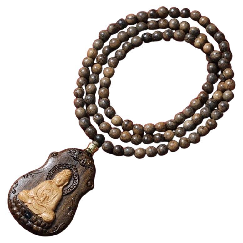 Vintage Asian Dalagan Agarwood Engraving Guanyin Buddha Pendent Necklace For Sale