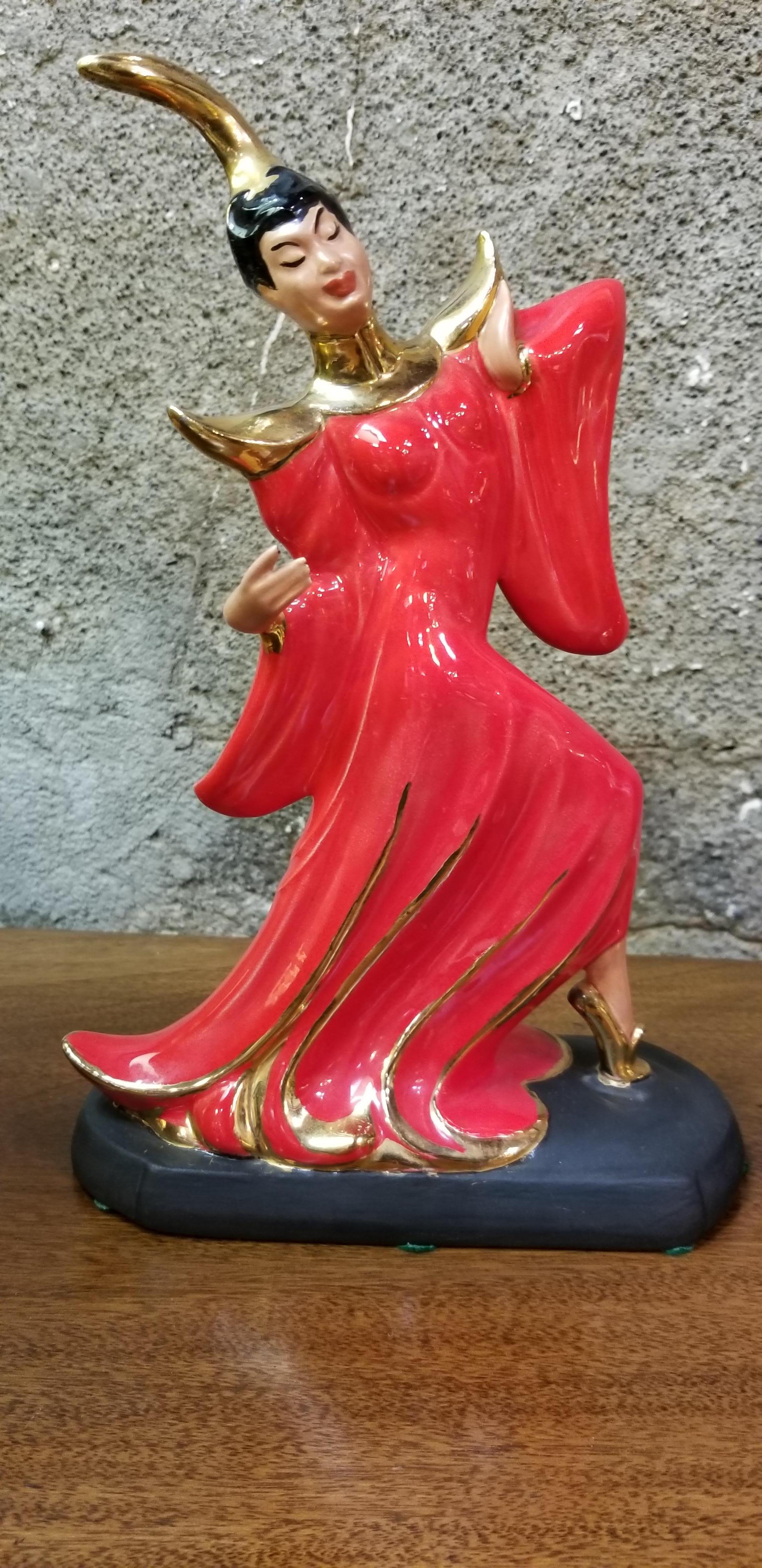 Hollywood Regency Asian Dancers Ceramic Figurines 1950s a Pair