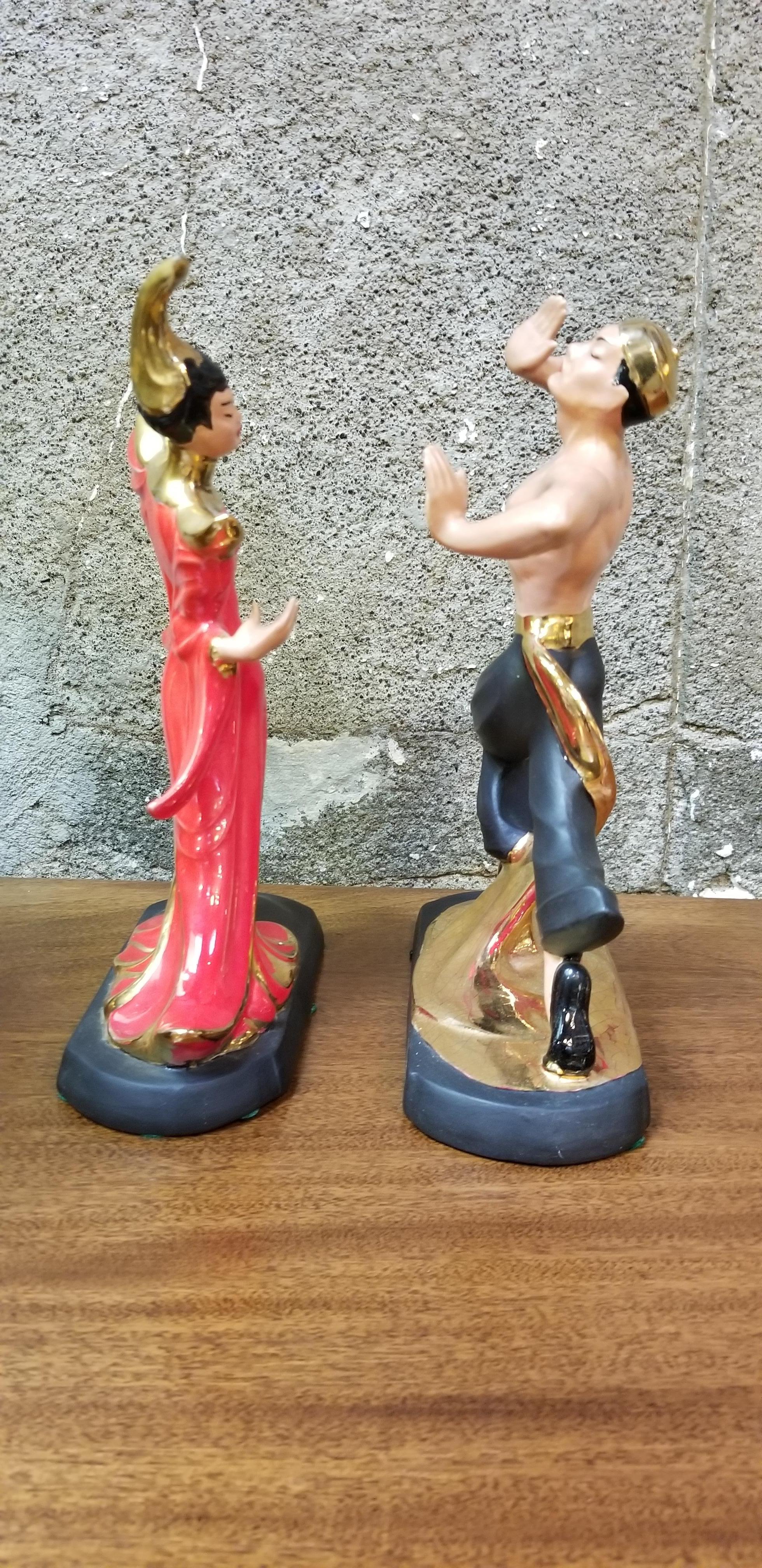Asian Dancers Ceramic Figurines 1950s a Pair In Good Condition In Fulton, CA