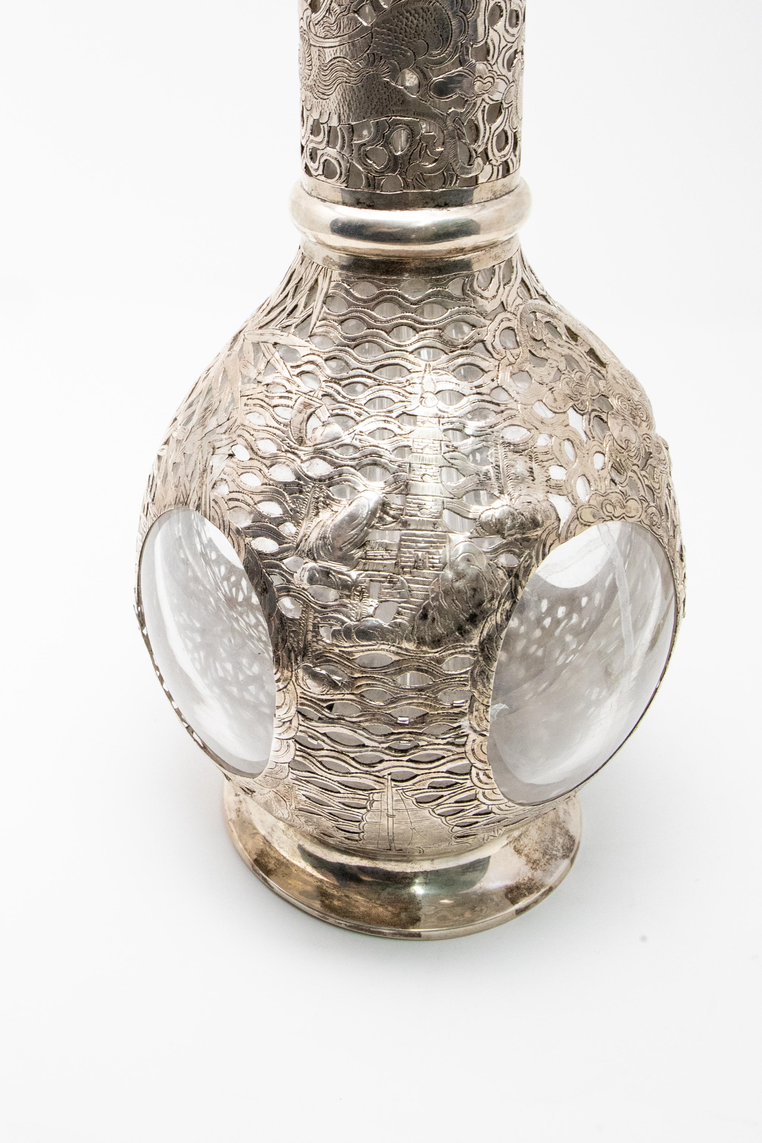Asian Decanter Silver Over Glass, Late 19th Century For Sale 5