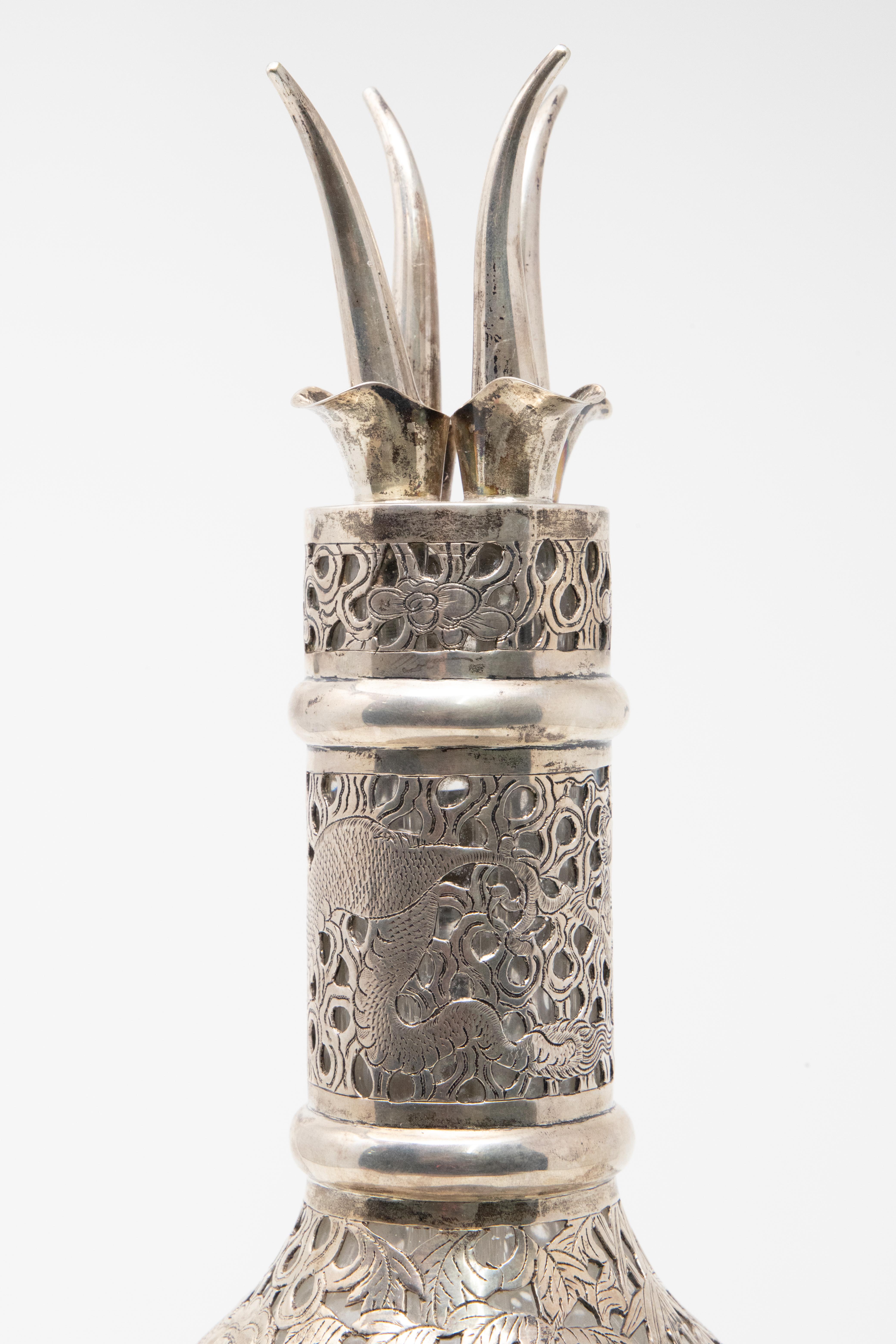 Chinese Export Asian Decanter Silver Over Glass, Late 19th Century For Sale