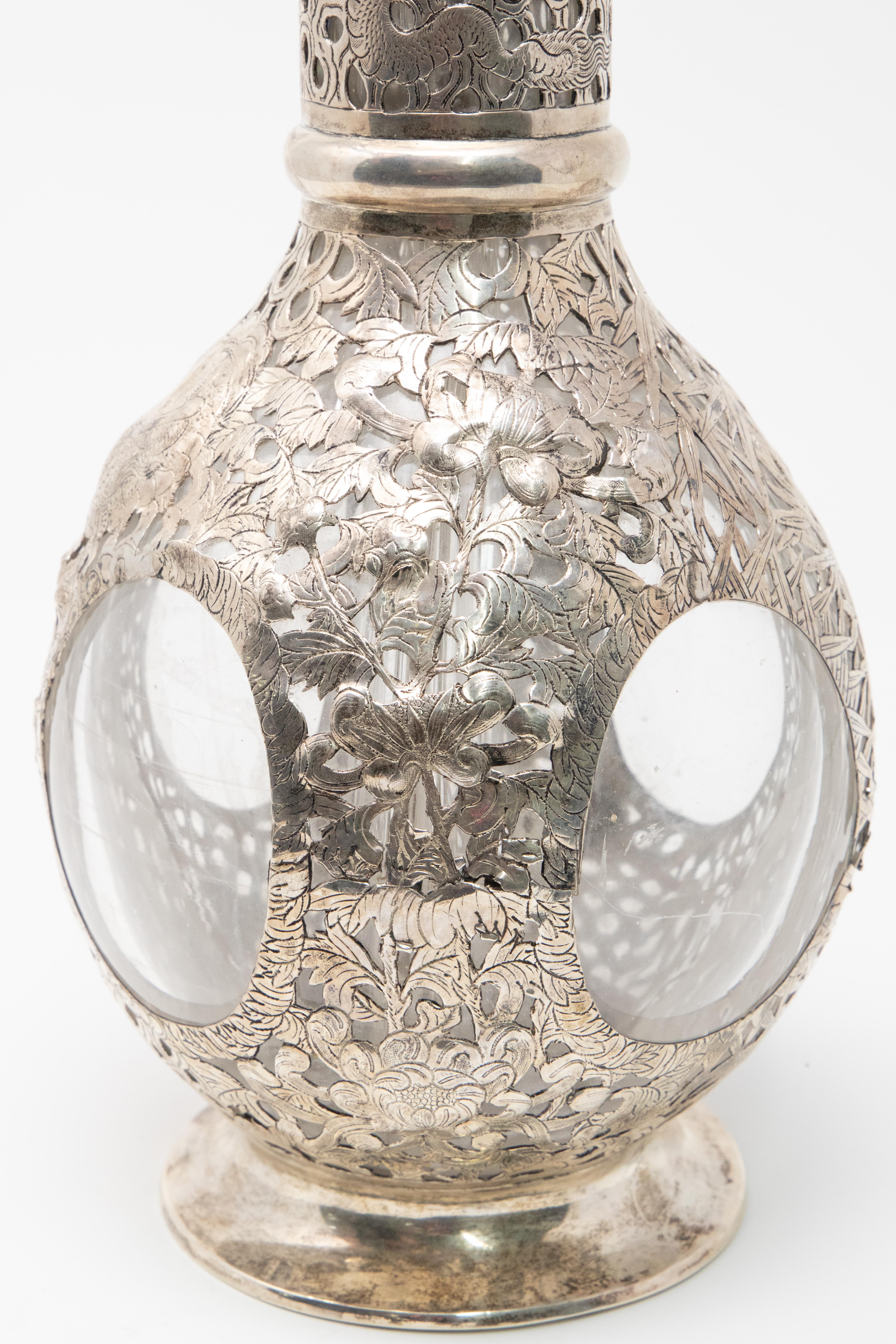 East Asian Asian Decanter Silver Over Glass, Late 19th Century For Sale