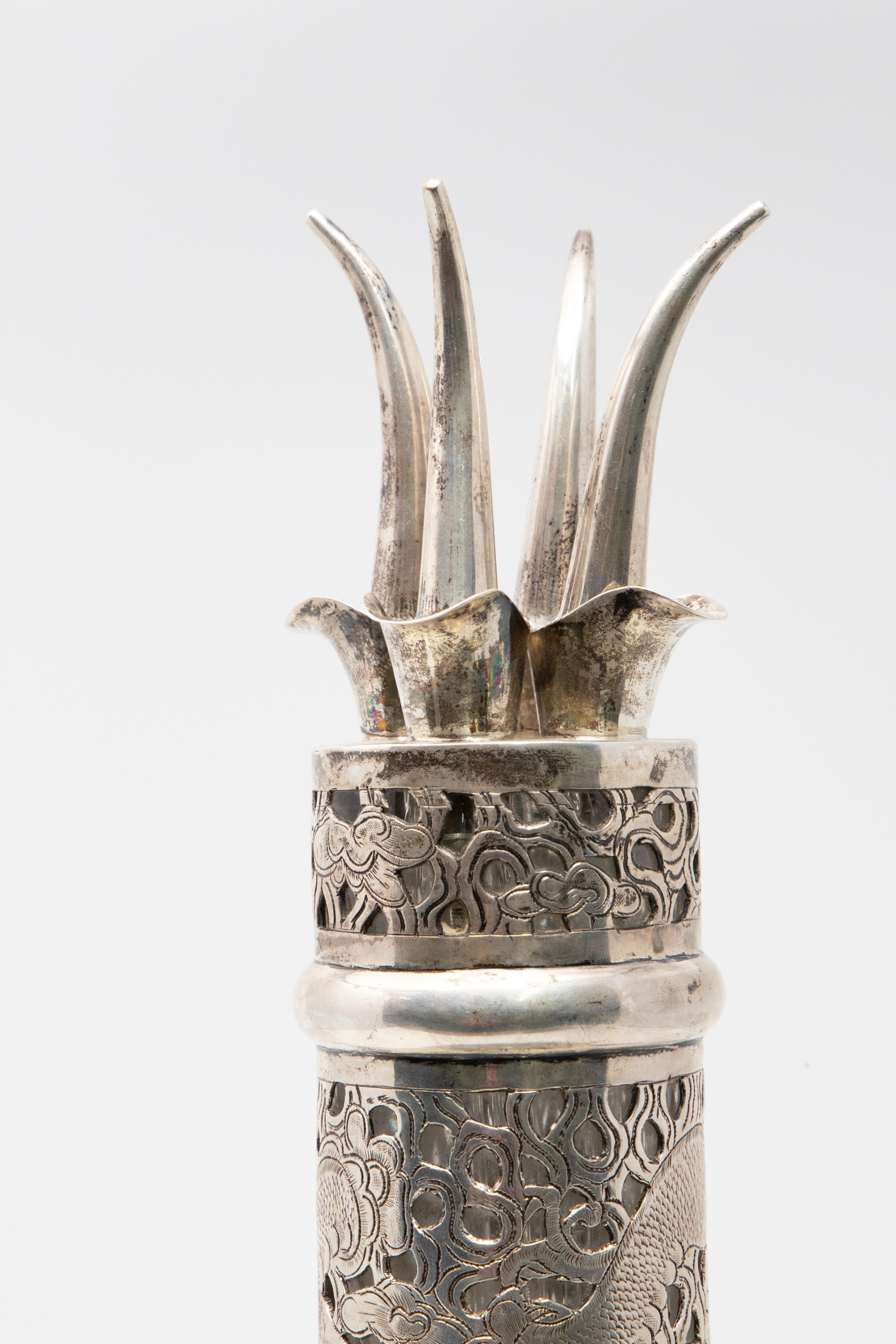 Fired Asian Decanter Silver Over Glass, Late 19th Century For Sale