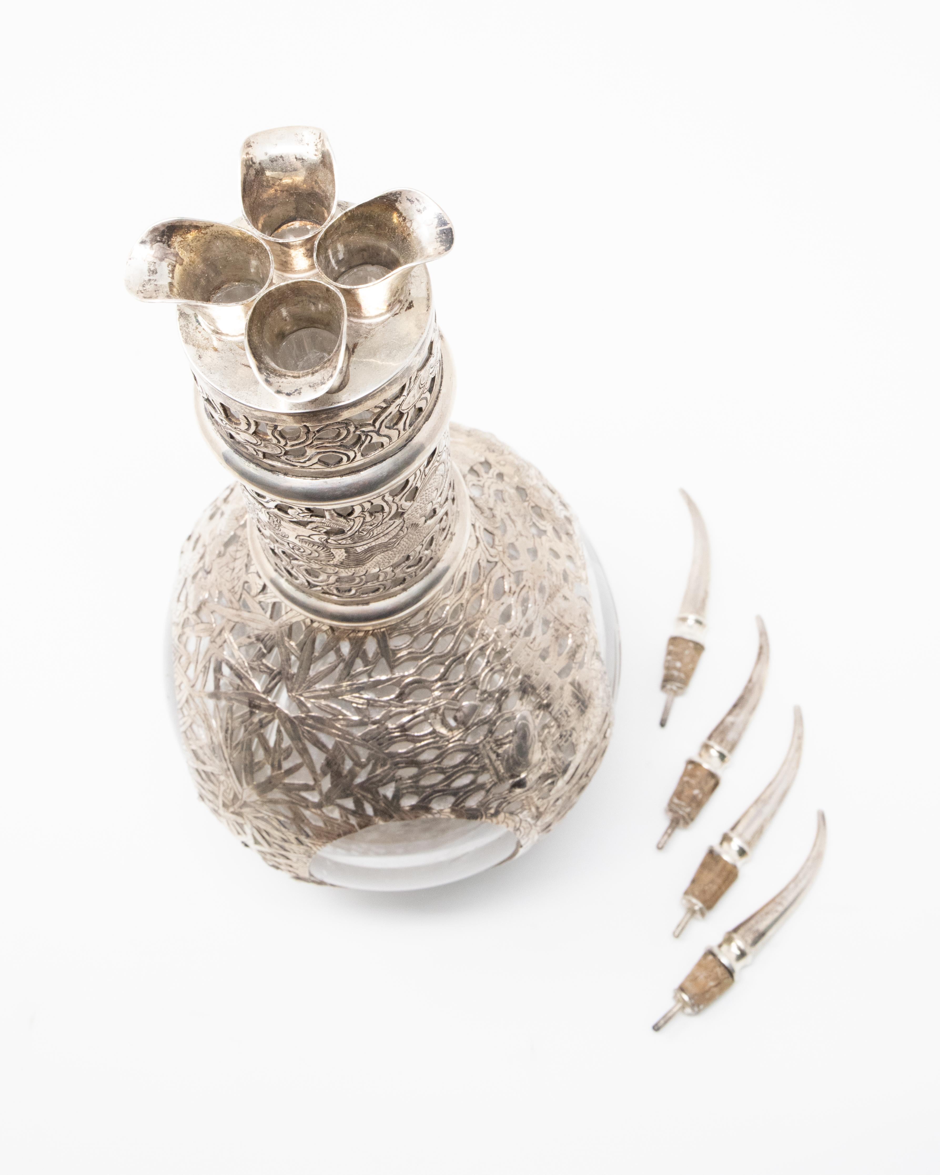 Sterling Silver Asian Decanter Silver Over Glass, Late 19th Century For Sale
